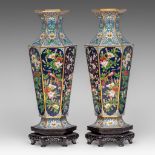 A pair of Chinese cloisonne enamelled bronze hexagonal vases, 20thC, H 38,5 cm
