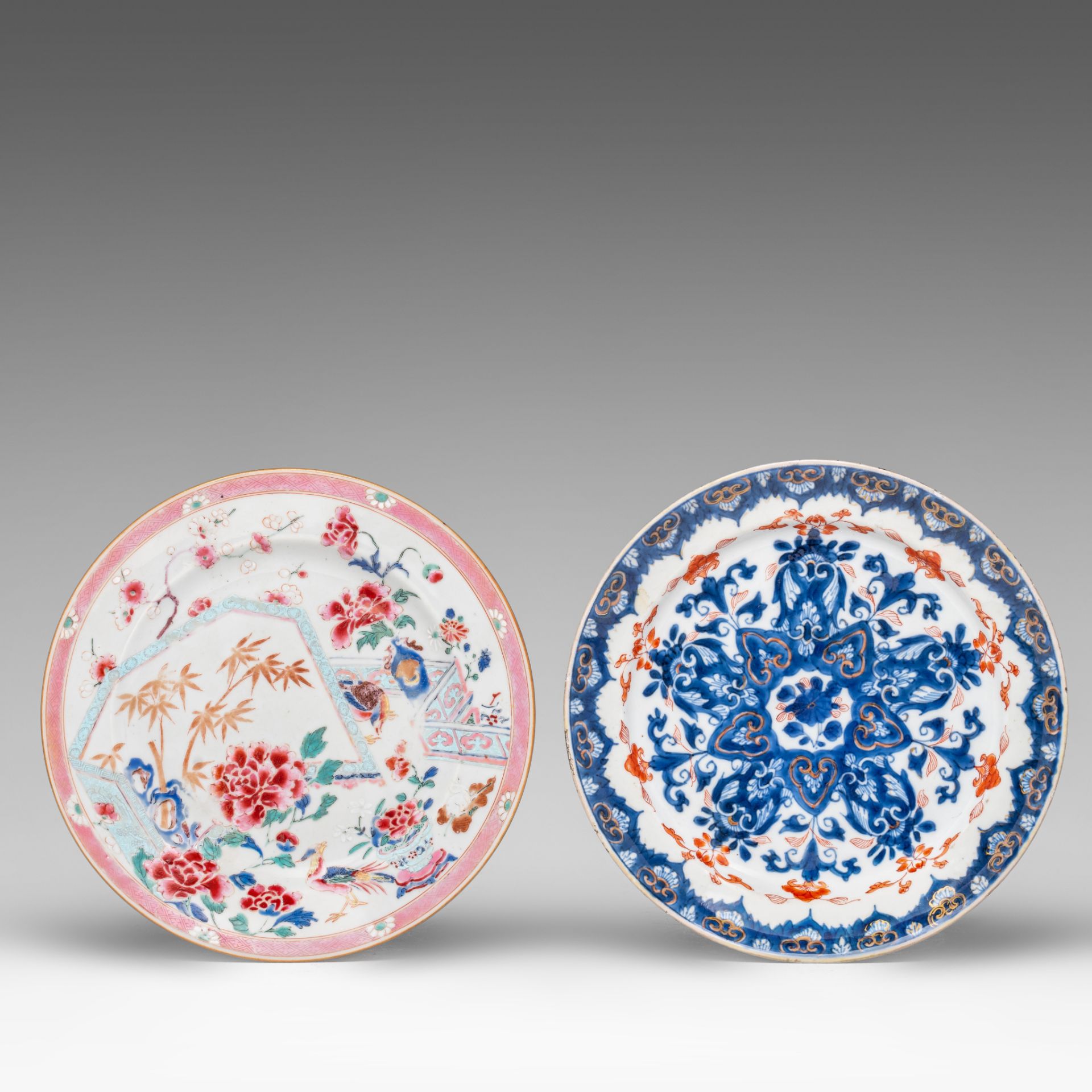 Four Chinese famille rose export porcelain dishes, 18thC - and a blue and white 'Lotus', Kangxi peri - Image 6 of 7