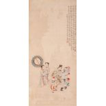 A Chinese 'Lady and horse' scroll painting, ink and colour on paper, signed text, Qing dynasty, 68 x