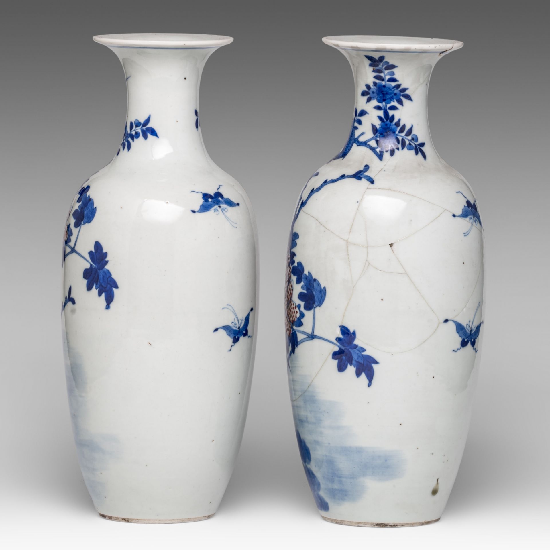 A pair of Chinese blue and white and copper-red 'Pheasant and Peony' vases, with a Kangxi mark, late - Image 3 of 6