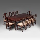 A Chinese rosewood dinner ensemble: dinner table (incl. extend) and ten chairs, 20thC, H 76 - 240 x