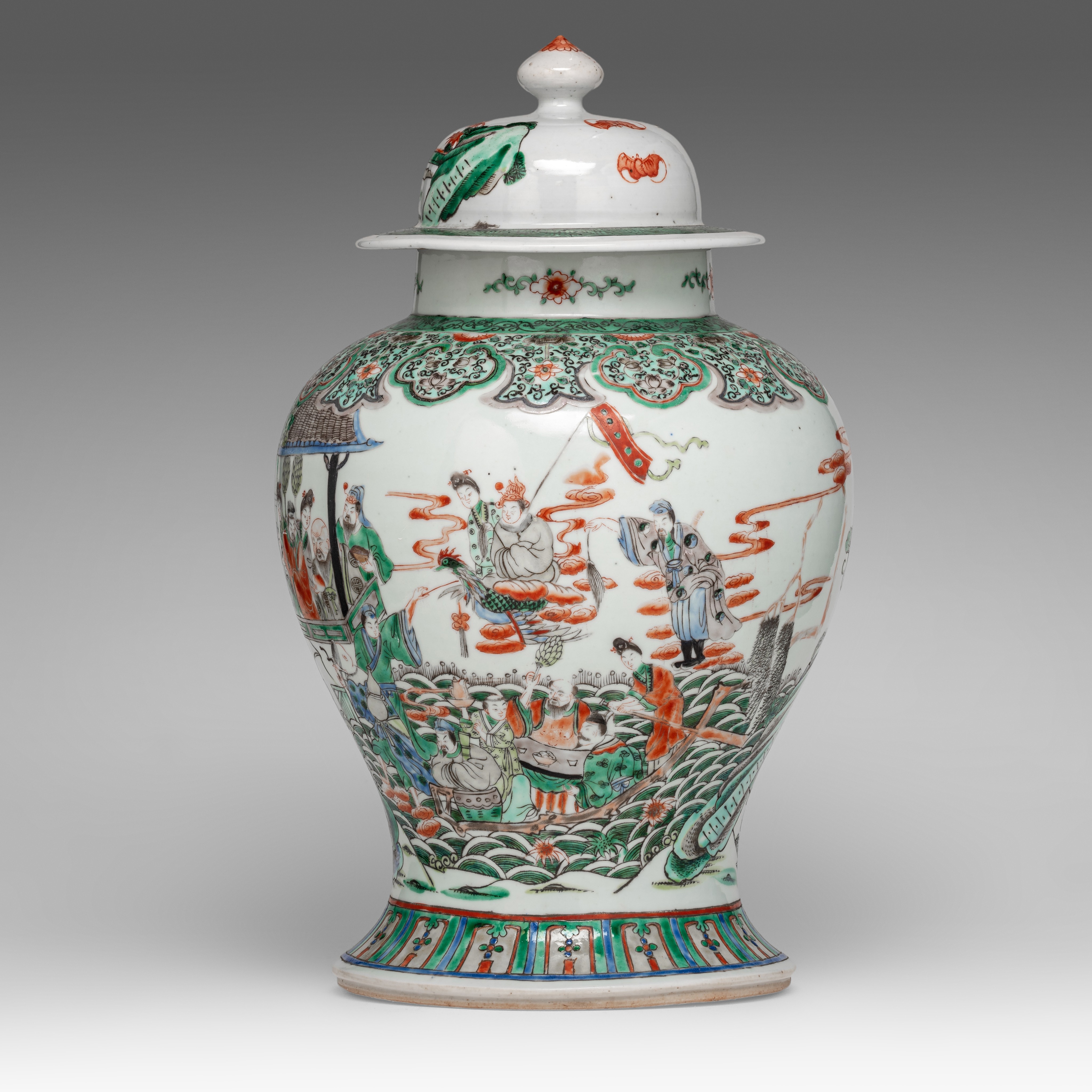 A Chinese famille verte 'Immortals' baluster vase and cover, Republic period, H 43,5 cm - Image 2 of 8