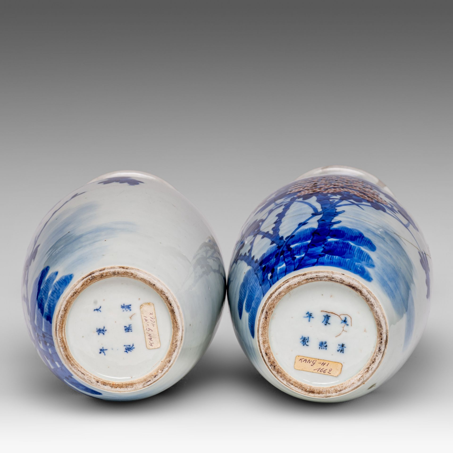 A pair of Chinese blue and white and copper-red 'Pheasant and Peony' vases, with a Kangxi mark, late - Image 6 of 6