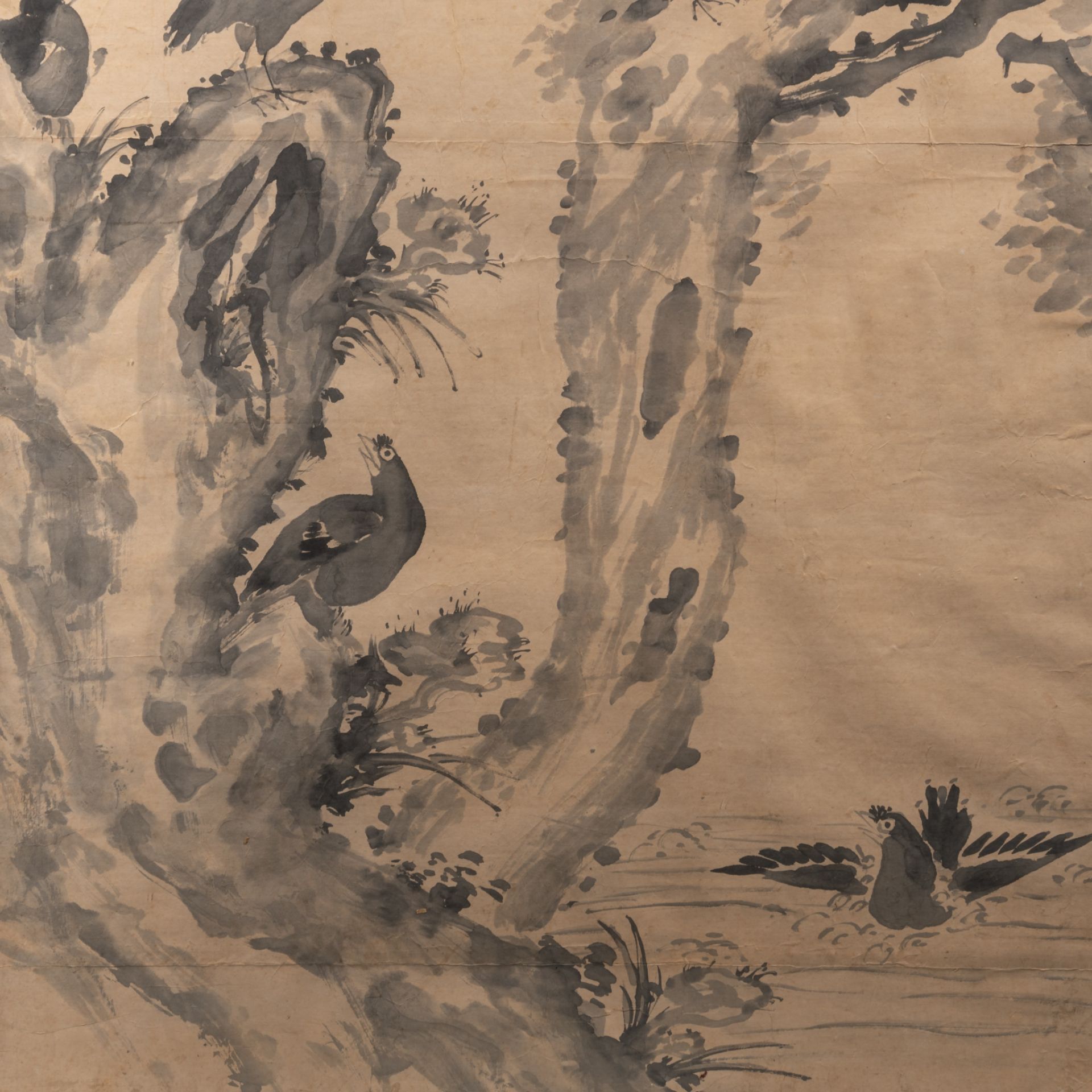 A Chinese painting, ink on paper, 'Birds on flower branches', incl a poem, framed 83,5 x 149,5 cm - Bild 6 aus 6