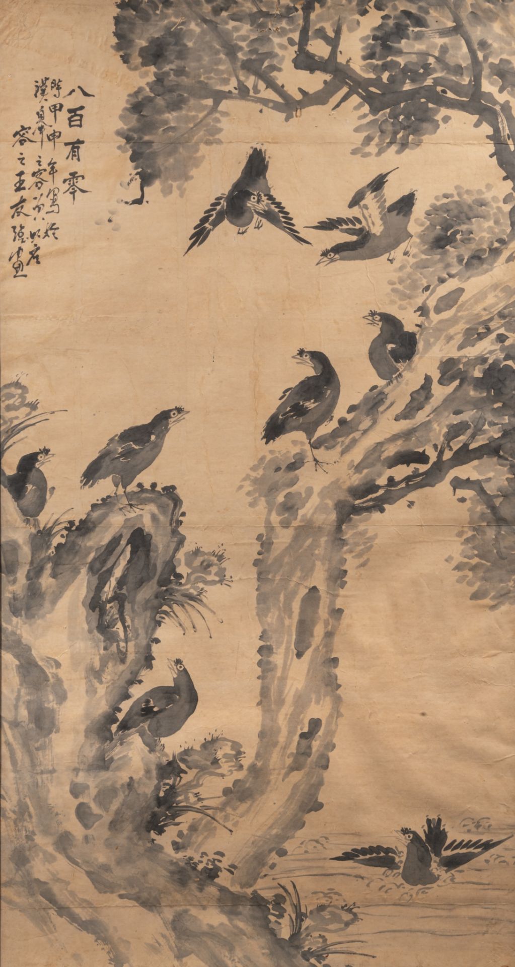 A Chinese painting, ink on paper, 'Birds on flower branches', incl a poem, framed 83,5 x 149,5 cm