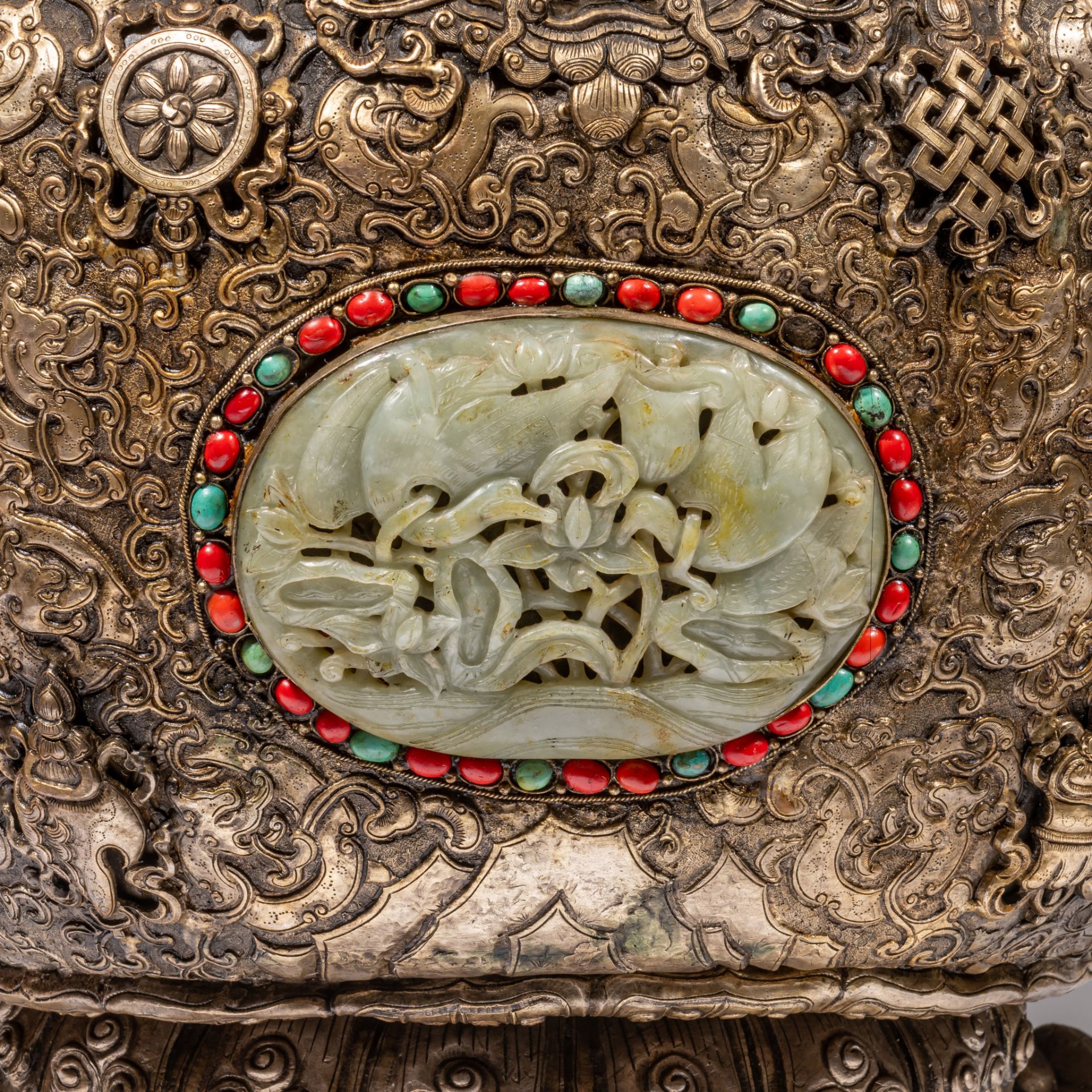 A massive Sino-Tibetan metal censer with jade carvings, coral and turquoise beads inlay, late 19thC, - Image 12 of 13