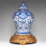 A Chinese style blue and white baluster vase and cover, on a European base, Total H 79 cm