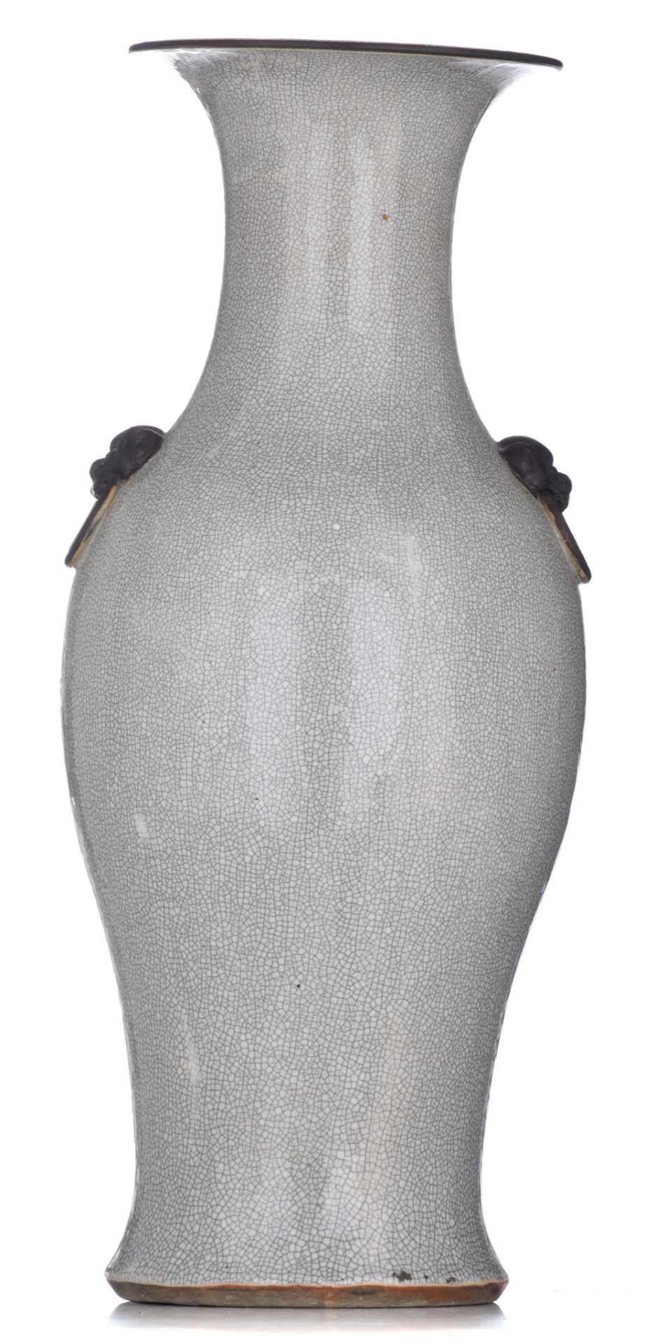 A Chinese crackle-glazed ground blue and white stoneware vase, with Fu lion head handles, 19thC, H 5 - Bild 3 aus 8