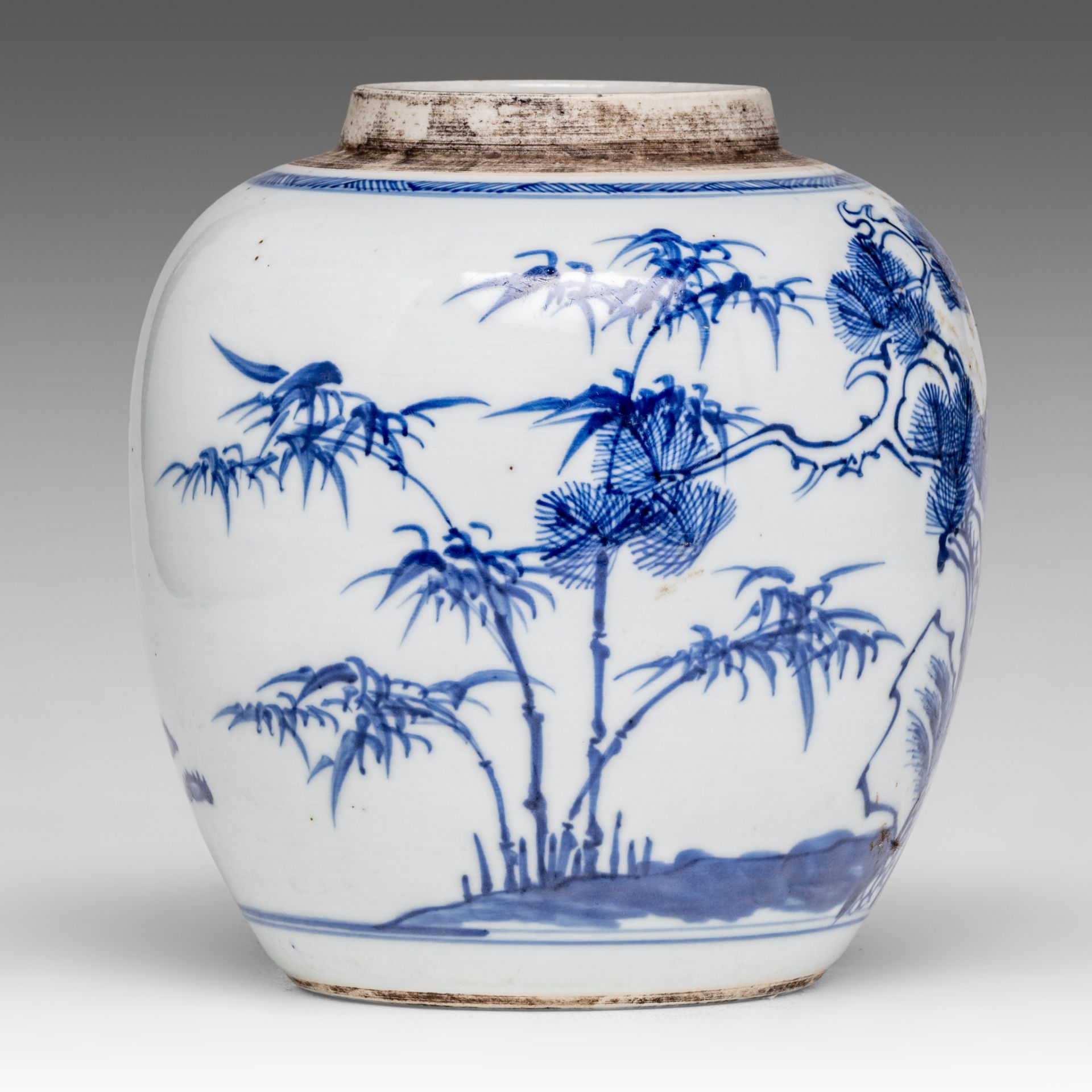 A Chinese blue and white 'Three Friends of Winter' jar, 18thC, H 17,5 cm - Image 3 of 6