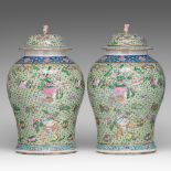 A pair of Chinese famille rose 'One Hundred Treasures' vases and covers, 19thC, H 44 cm