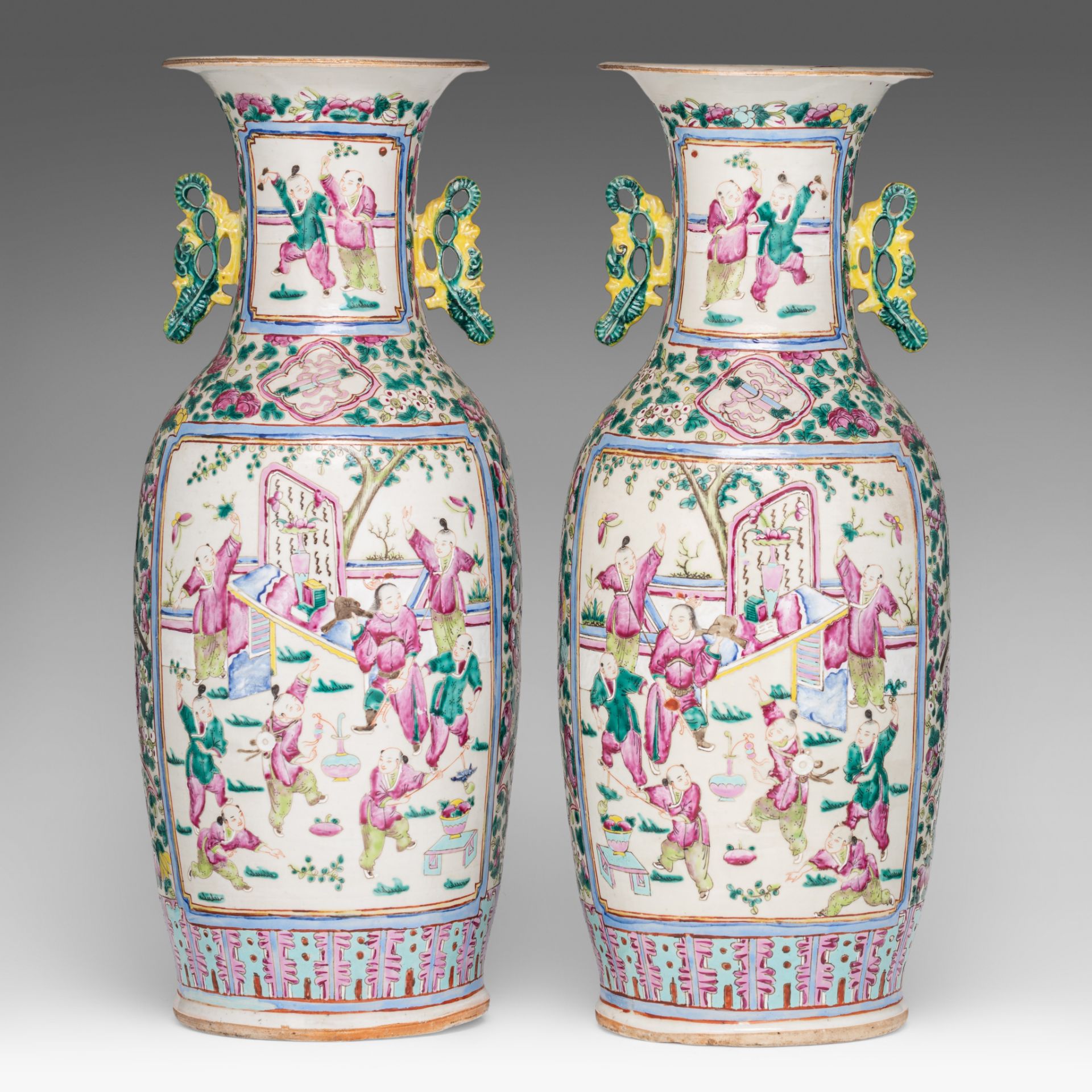 A pair of Chinese famille rose 'Playful boys in a garden' vases, paired with lingzhi handles, 19thC, - Bild 3 aus 6