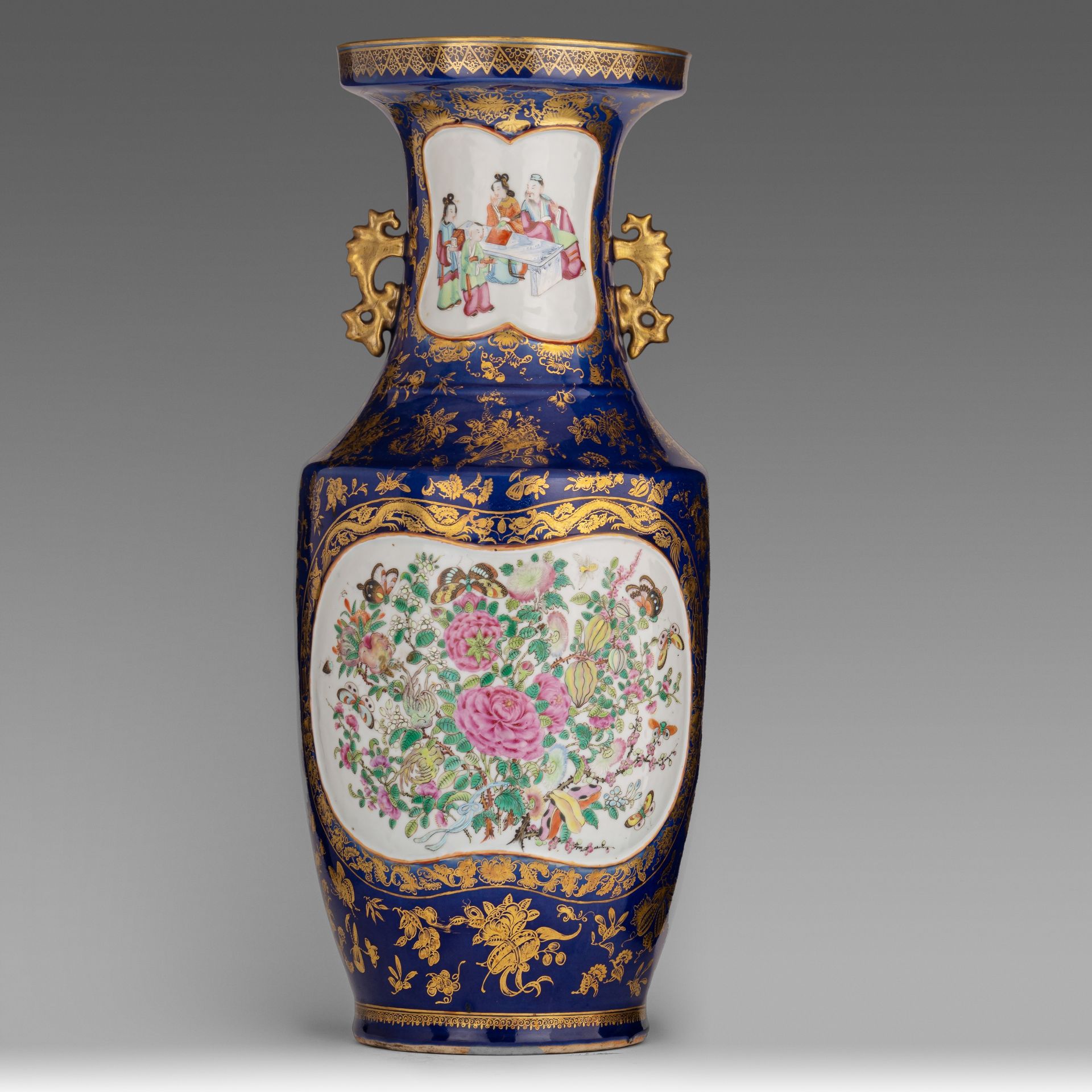 A Chinese Canton famille rose and gilt on blue ground vase, paired with dragon handles, 19thC, H 60 - Bild 3 aus 7