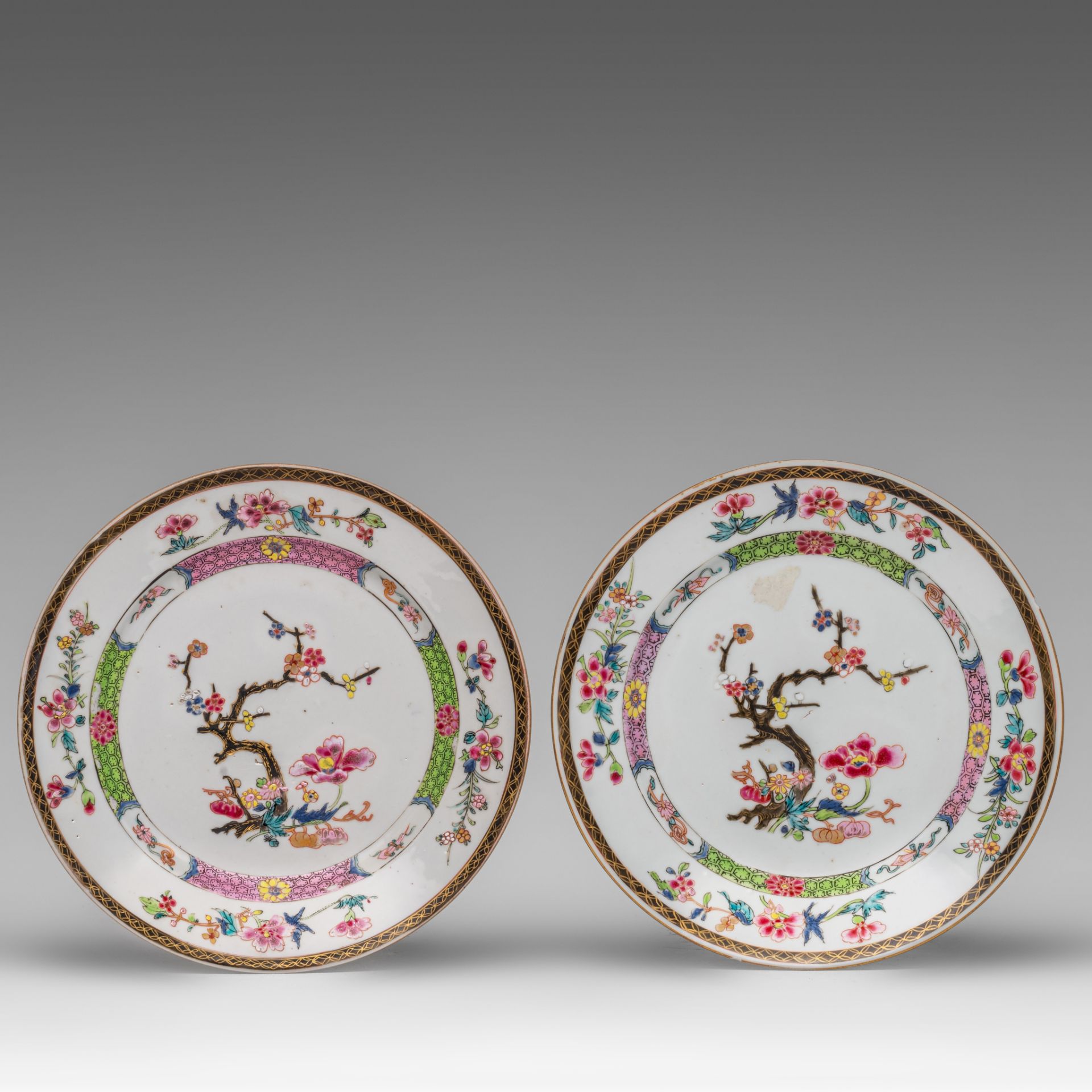 A series of two fine Chinese famille rose 'Prunus and Pumpkin' dishes, Yongzheng/Qianlong period, di