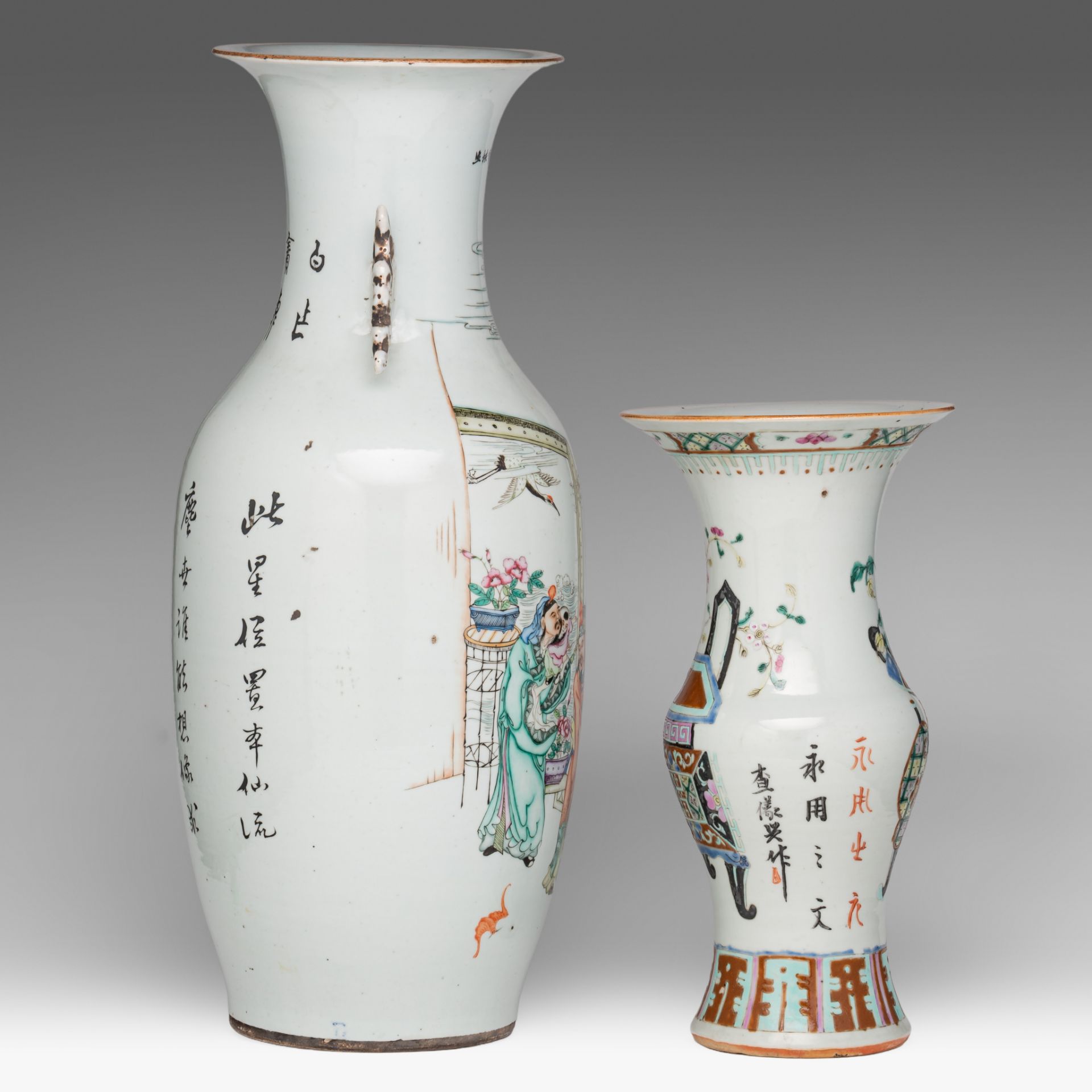 A Chinese famille rose 'Fu Lu Shou Xing' vase, with a signed text, Republic period, H 56,5 cm - adde - Bild 4 aus 6