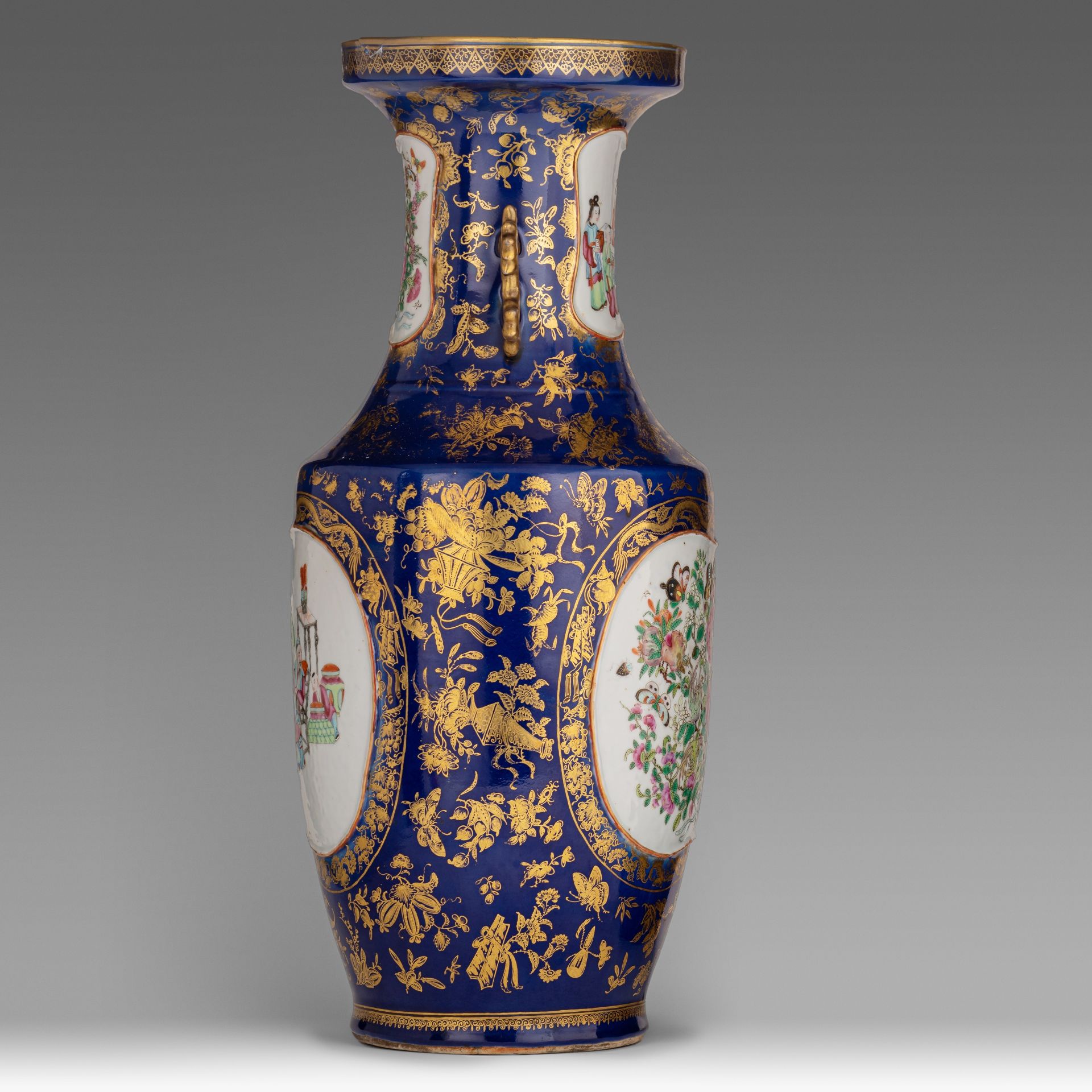 A Chinese Canton famille rose and gilt on blue ground vase, paired with dragon handles, 19thC, H 60 - Bild 2 aus 7
