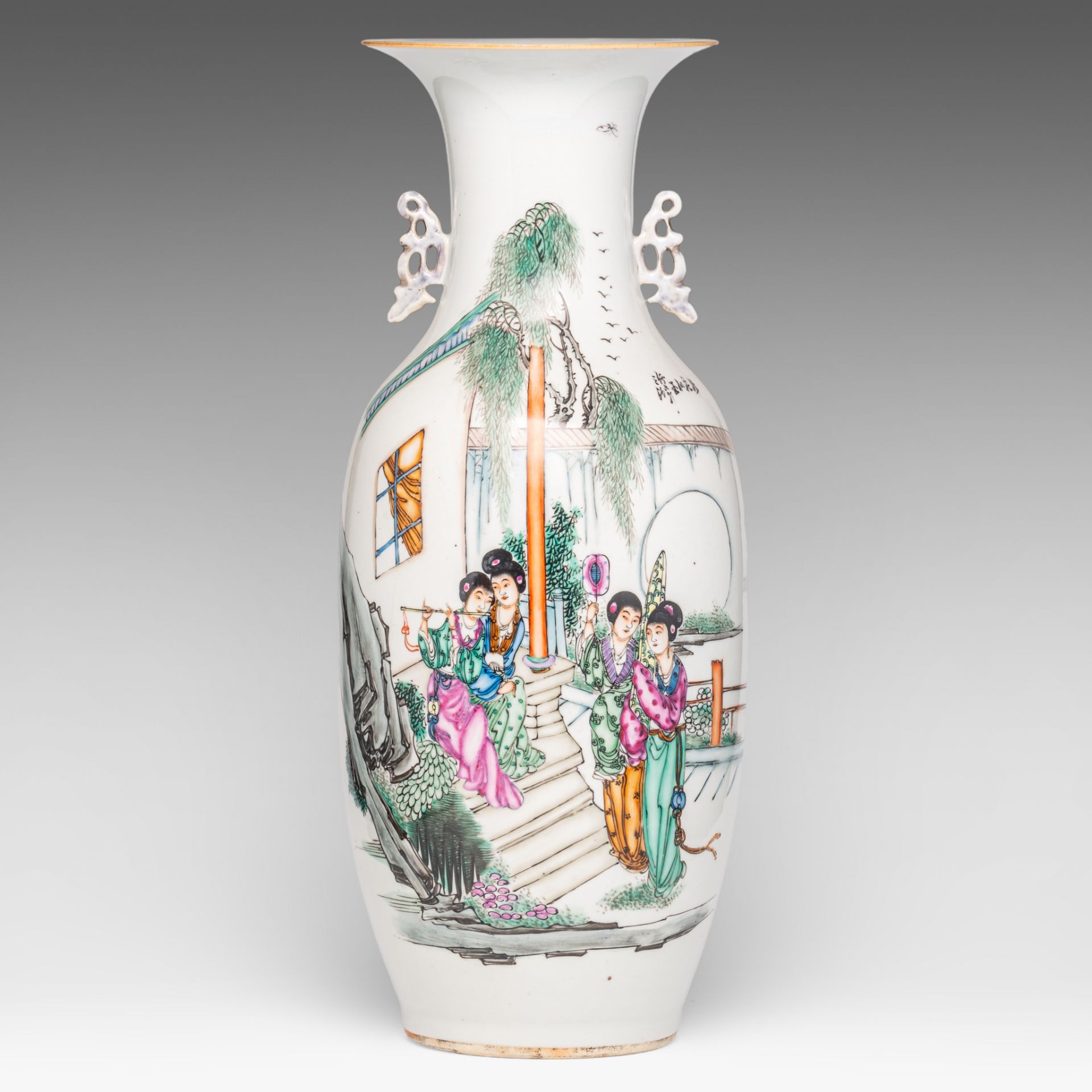 A Chinese famille rose vase, signed text, Republic period, H 57 cm - and a pair of celadon ground ye - Bild 2 aus 13