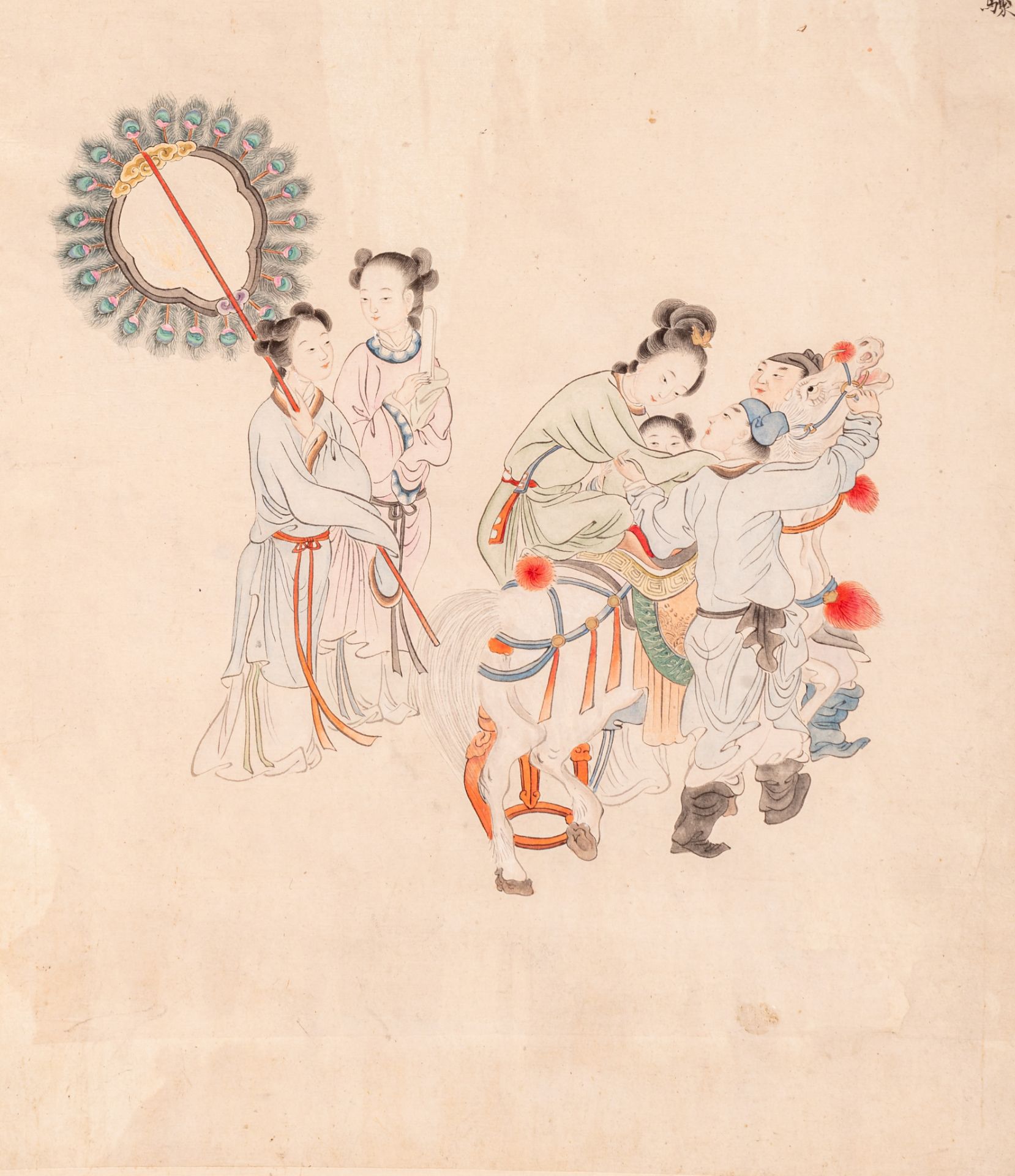 A Chinese 'Lady and horse' scroll painting, ink and colour on paper, signed text, Qing dynasty, 68 x - Image 5 of 5