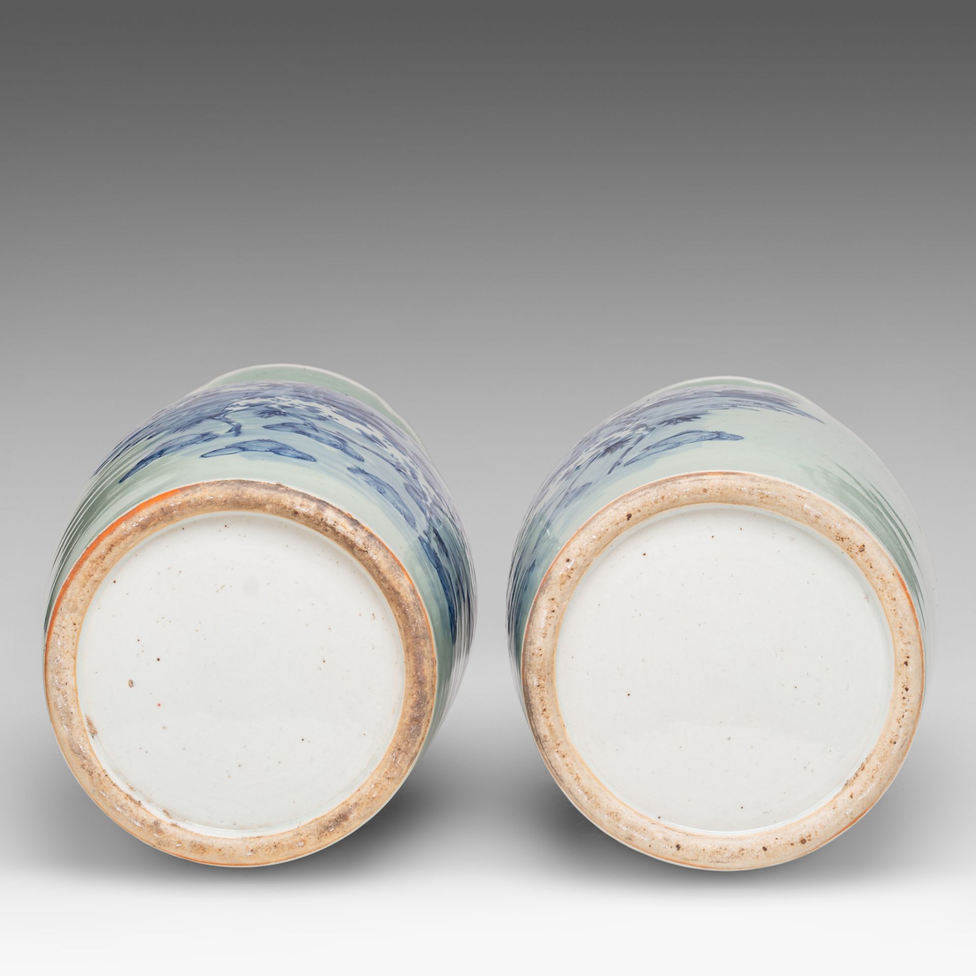 A pair of Chinese blue and white on celadon ground vases, paired with lingzhi handles, 19thC, H 58 c - Image 6 of 6