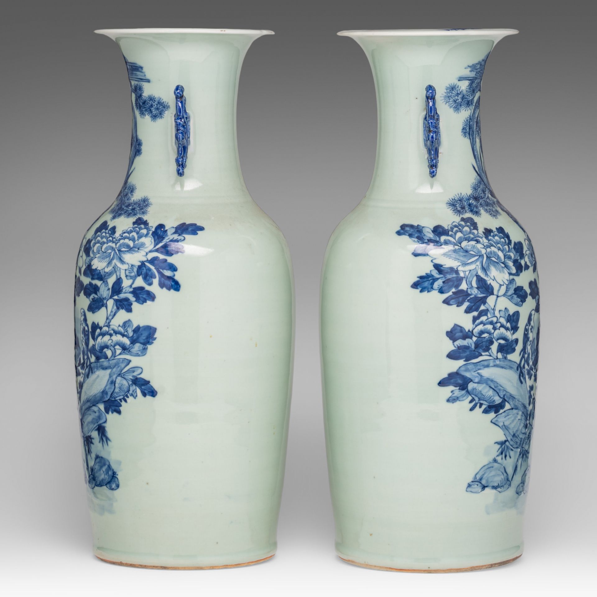 A pair of Chinese blue and white on celadon ground vases, paired with lingzhi handles, 19thC, H 58 c - Image 4 of 6