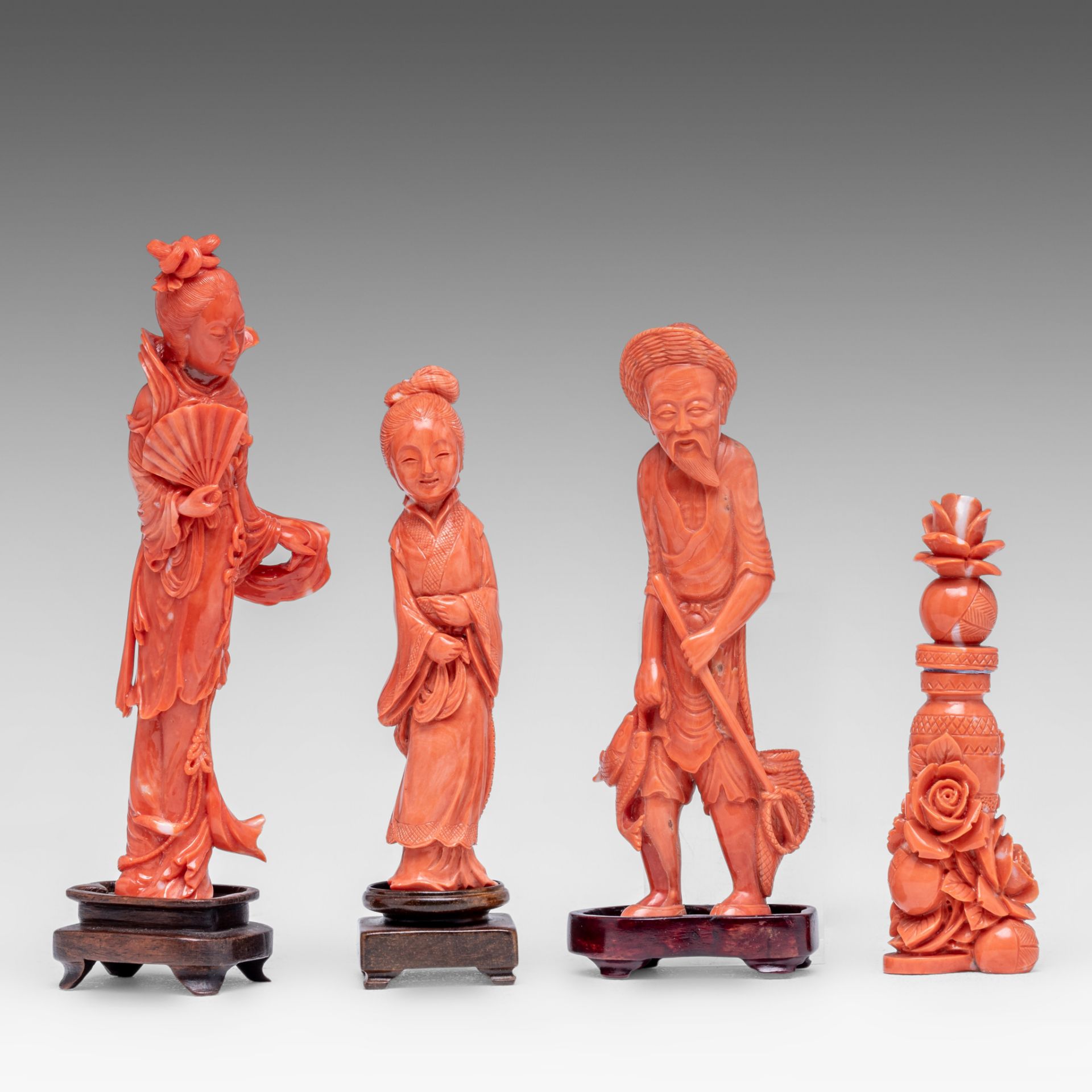 A collection of three Chinese coral figures and a ditto snuff bottle, late Qing/Republic period, Tot