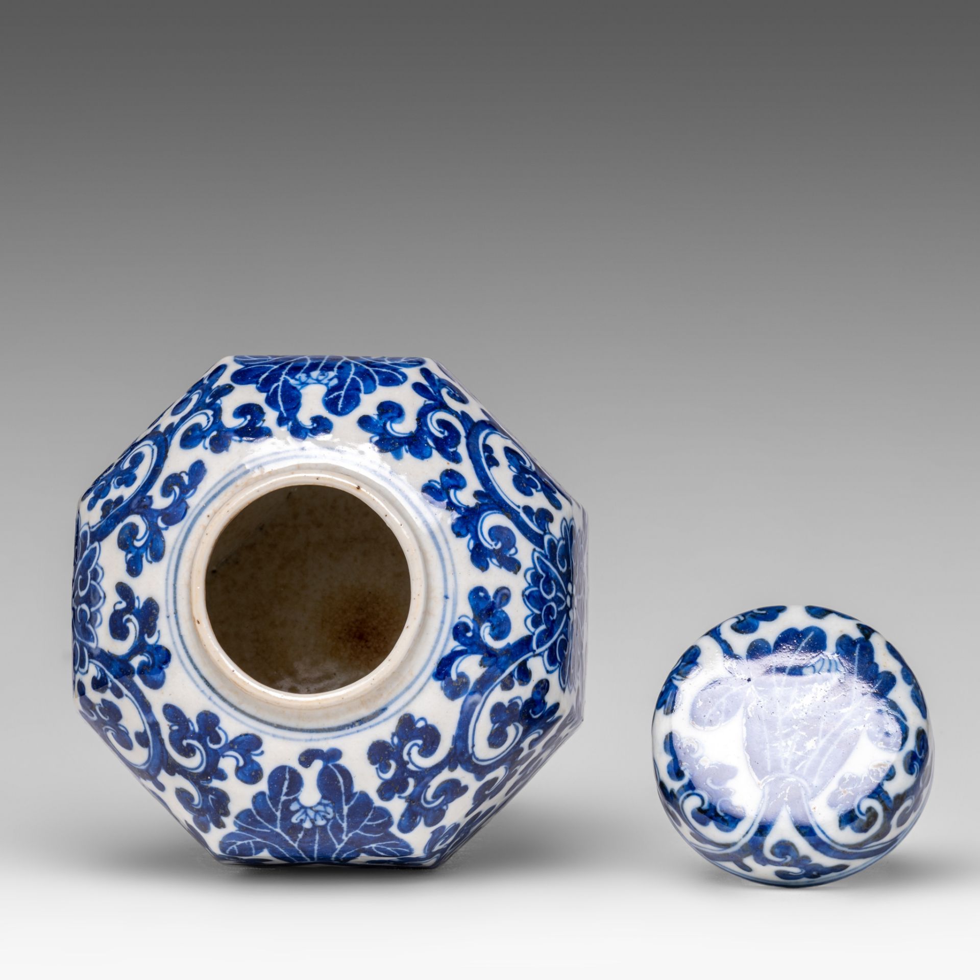 A small collection of Chinese blue and white lidded vases, 19thC, H 27 cm - added six Japanese Arita - Image 12 of 15