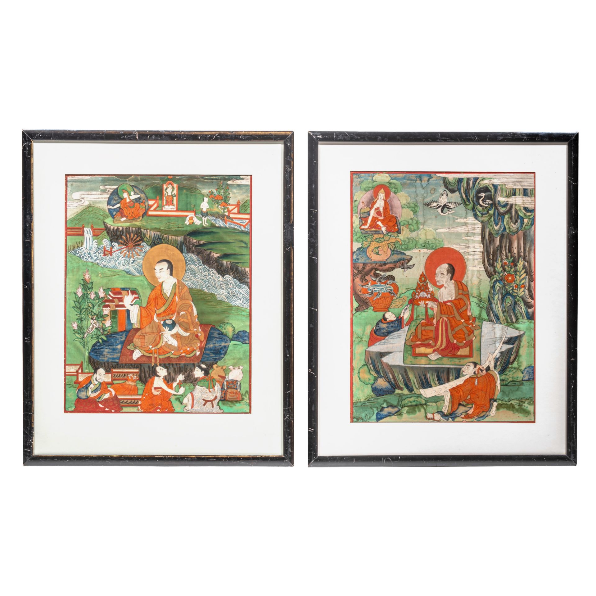 Two Tibetan Thangkas depicting an Arhat or Buddhist Elder, 18thC/early 19thC, framed 37 x 47,5 cm - Bild 2 aus 5