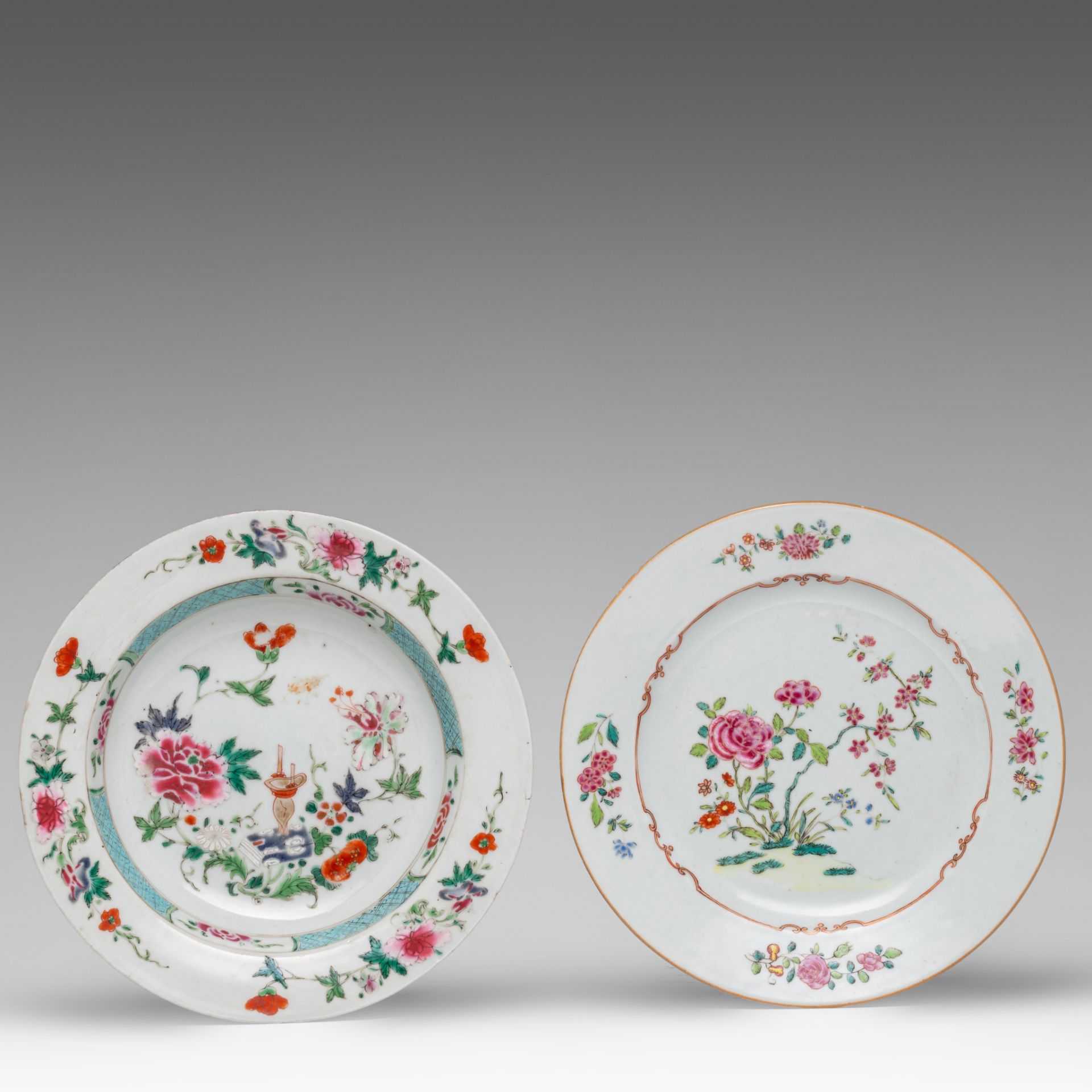 Four Chinese famille rose export porcelain dishes, a series of two fine dishes depicting a river lan - Image 4 of 5