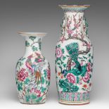 Two Chinese famille rose 'Birds amongst flower branches' vases, one with a signed text, 19thC, H 43,