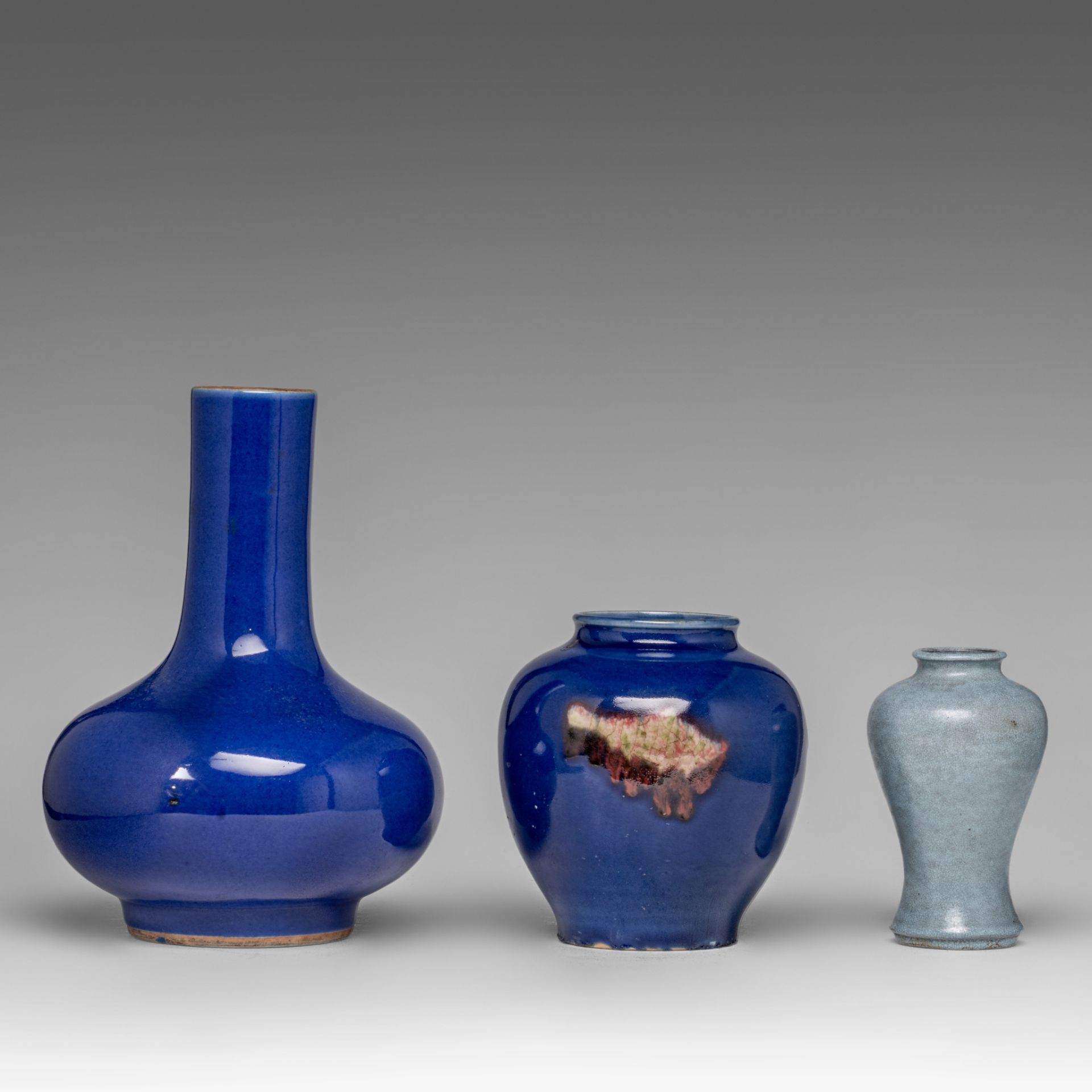 A collection of two Chinese monochrome glazed ware and a ru-ware style meiping vase, late 19thC/20th