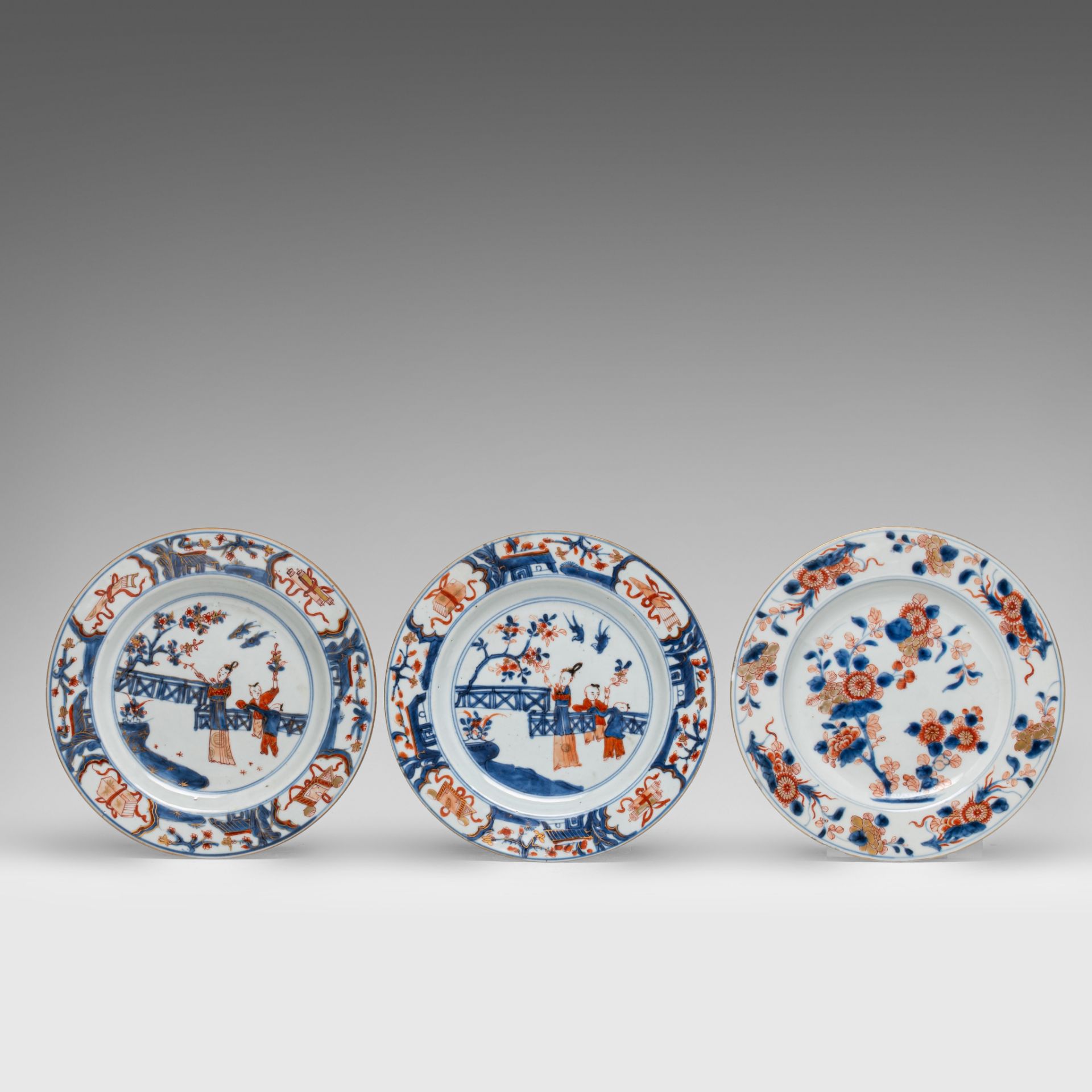 A collection of Chinese Imari dishes, some figural and some with flower design, Kangxi period, dia 2 - Image 2 of 5