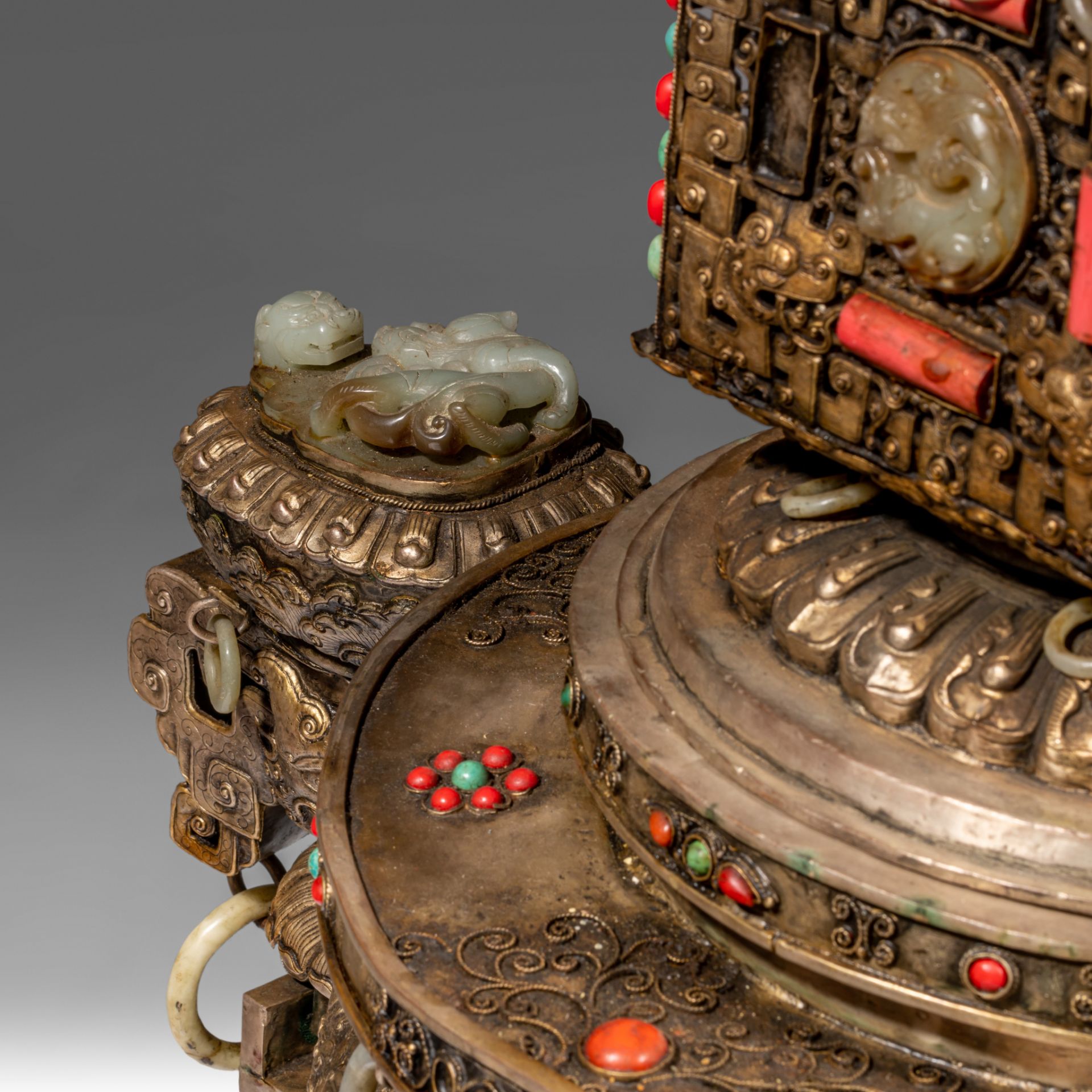 A massive Sino-Tibetan metal censer with jade carvings, coral and turquoise beads inlay, late 19thC, - Image 8 of 13