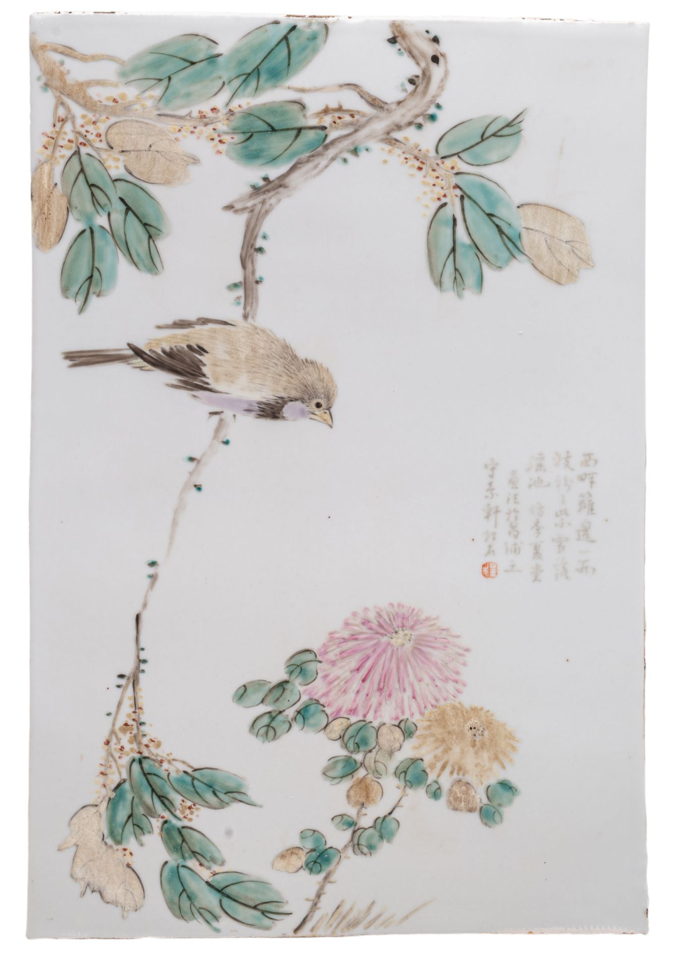 A Chinese famille rose 'Birds and branches' porcelain plaque, with a signed text, Republic period, 2 - Image 2 of 3