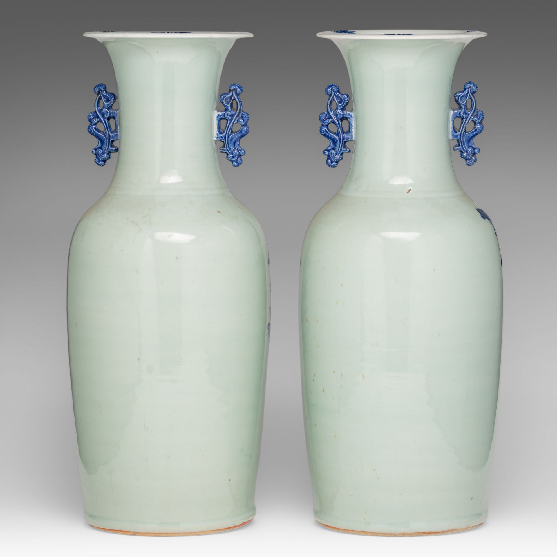 A pair of Chinese blue and white on celadon ground vases, paired with lingzhi handles, 19thC, H 58 c - Image 3 of 6