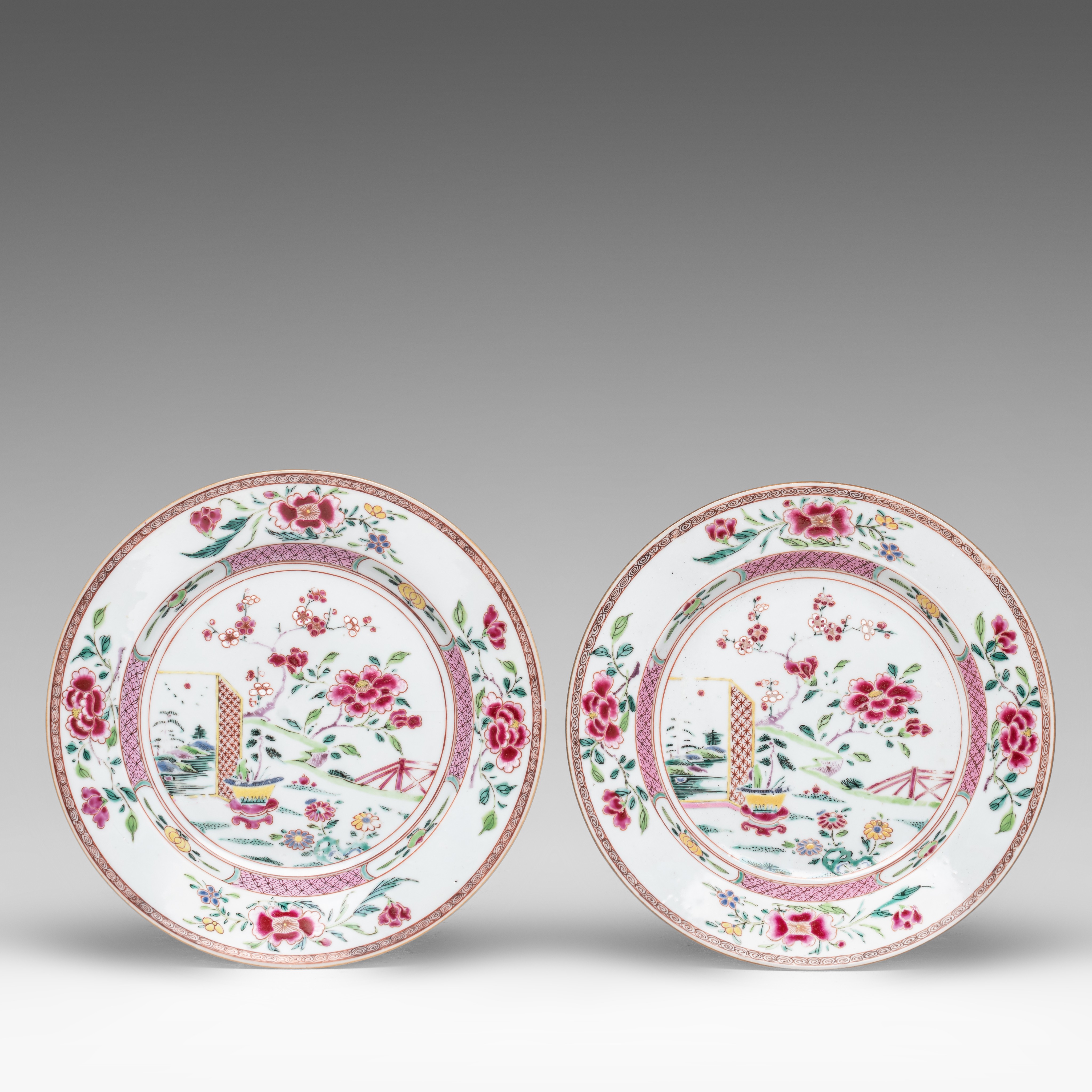 A series of ten Chinese famille rose 'Peony garden' dishes, 18thC, dia 22 cm - Image 2 of 11