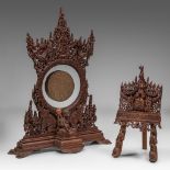 A Burmese gong hung on a carved hardwood stand, 19thC, H 171 - W 130 cm - added carved altar stand,