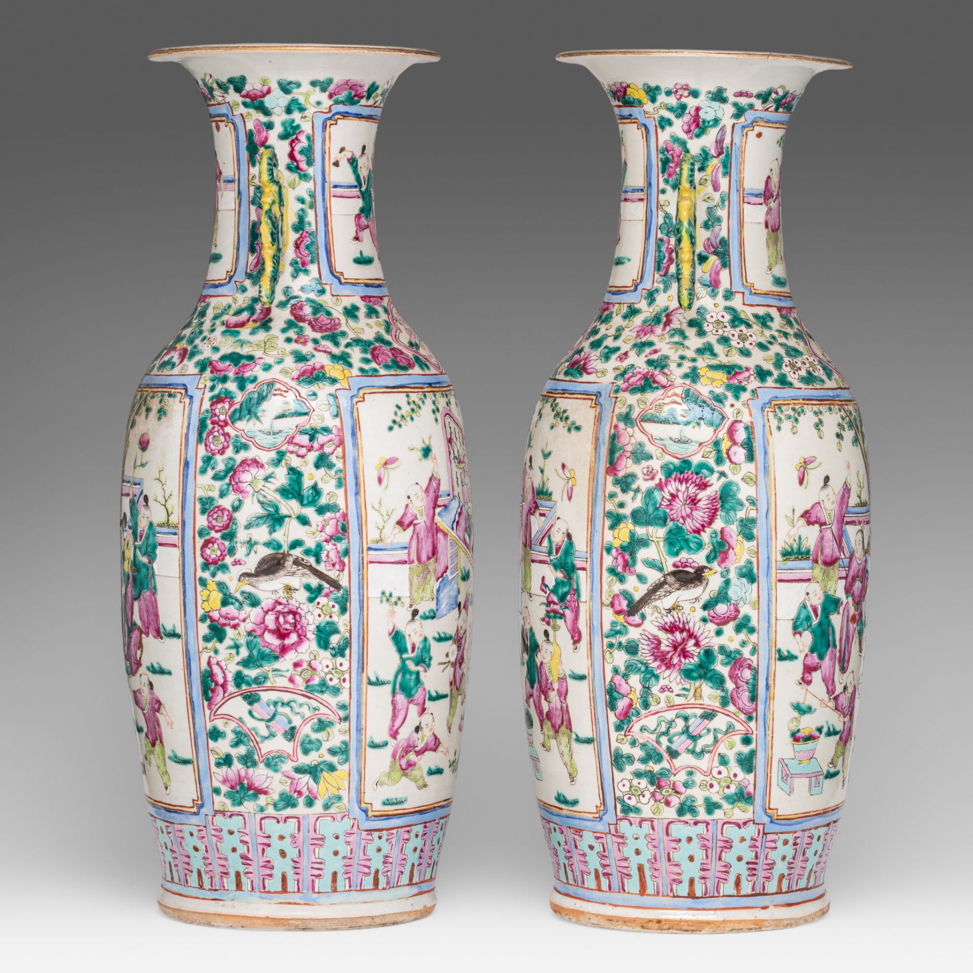 A pair of Chinese famille rose 'Playful boys in a garden' vases, paired with lingzhi handles, 19thC, - Bild 4 aus 6