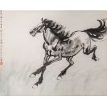 A Chinese painting, ink and colour on paper, 'Galloping Horse', signature reading Xu Beihong, framed