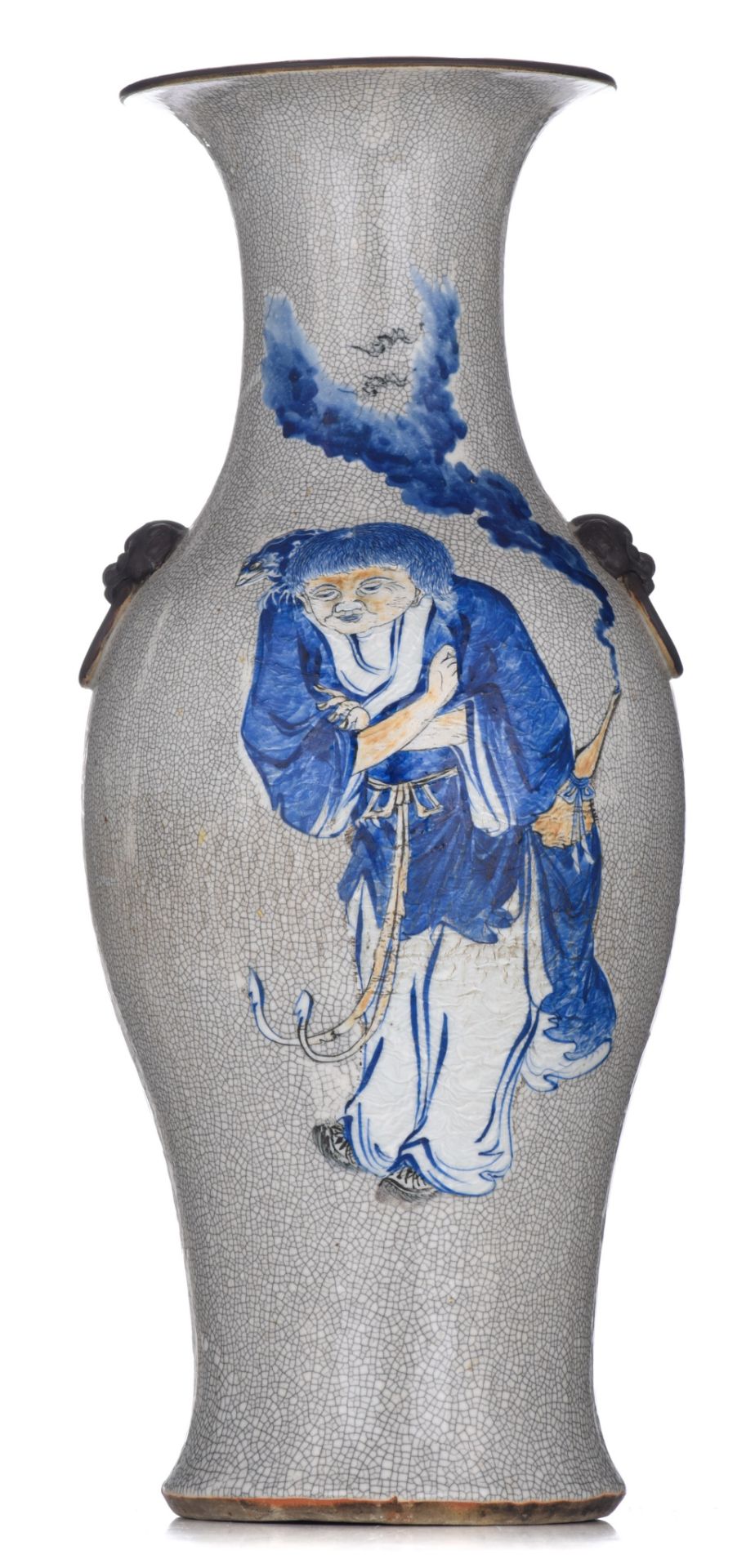 A Chinese crackle-glazed ground blue and white stoneware vase, with Fu lion head handles, 19thC, H 5