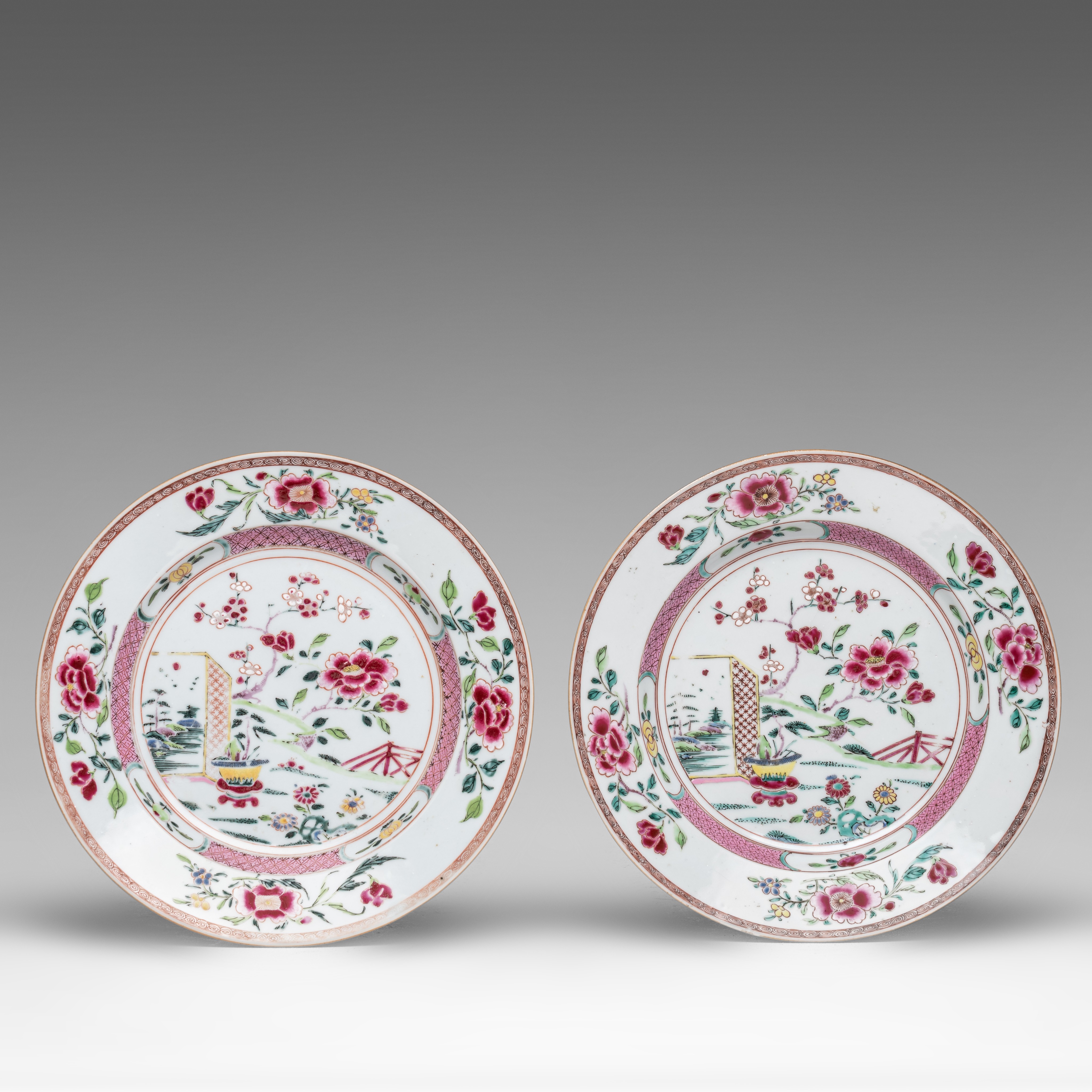 A series of ten Chinese famille rose 'Peony garden' dishes, 18thC, dia 22 cm - Image 6 of 11