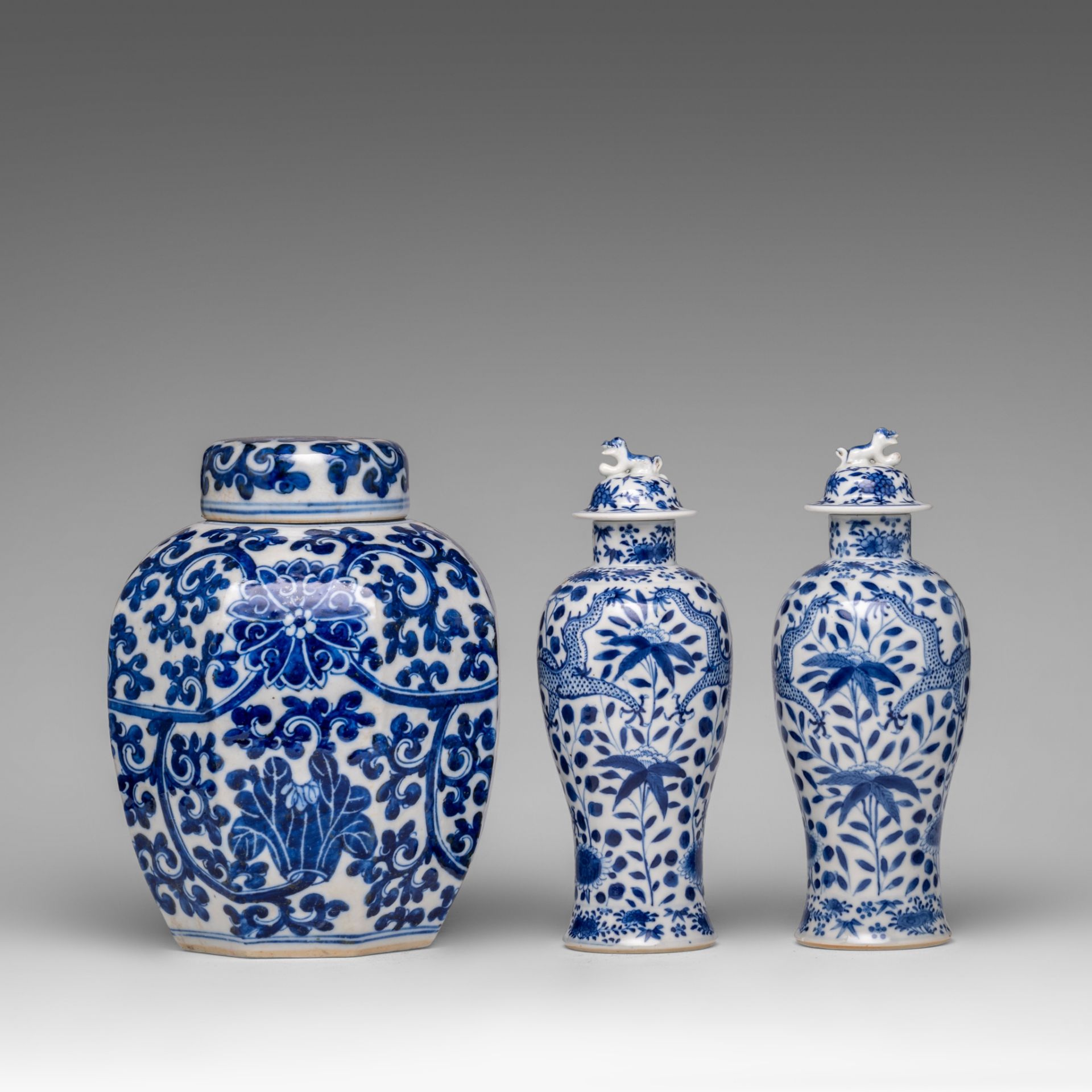 A small collection of Chinese blue and white lidded vases, 19thC, H 27 cm - added six Japanese Arita - Image 10 of 15