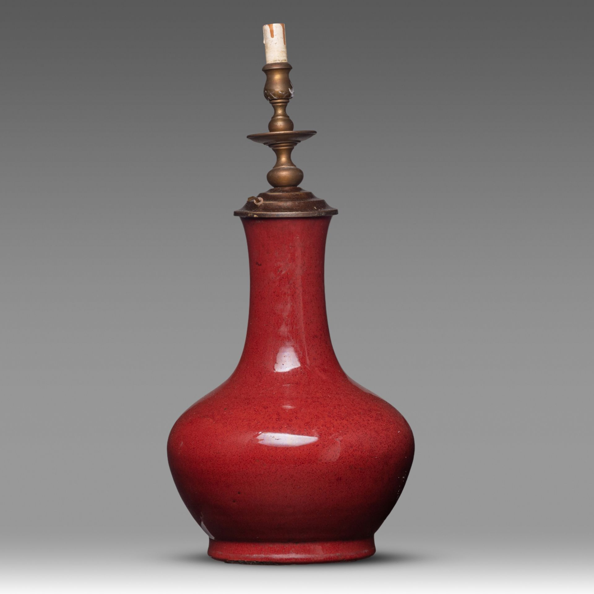 A Chinese sang-de-boeuf glazed bottle vase, with lamp mounts, H 34 - Total H 53 cm - Image 3 of 6