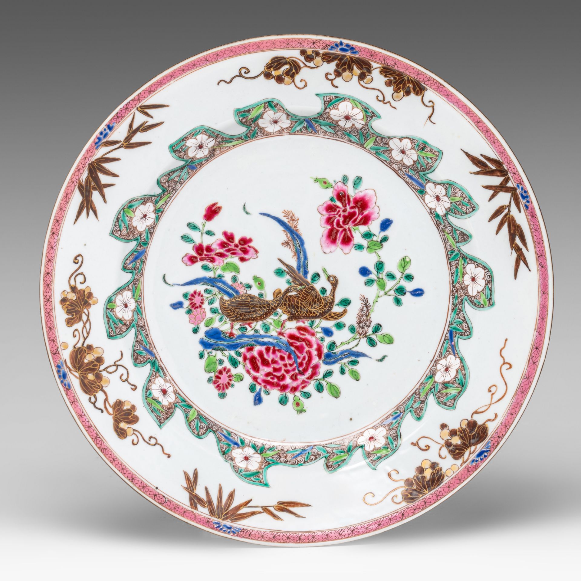 A fine Chinese famille rose 'Geese and Peonies' charger, Yongzheng/Qianlong period, dia 32 cm