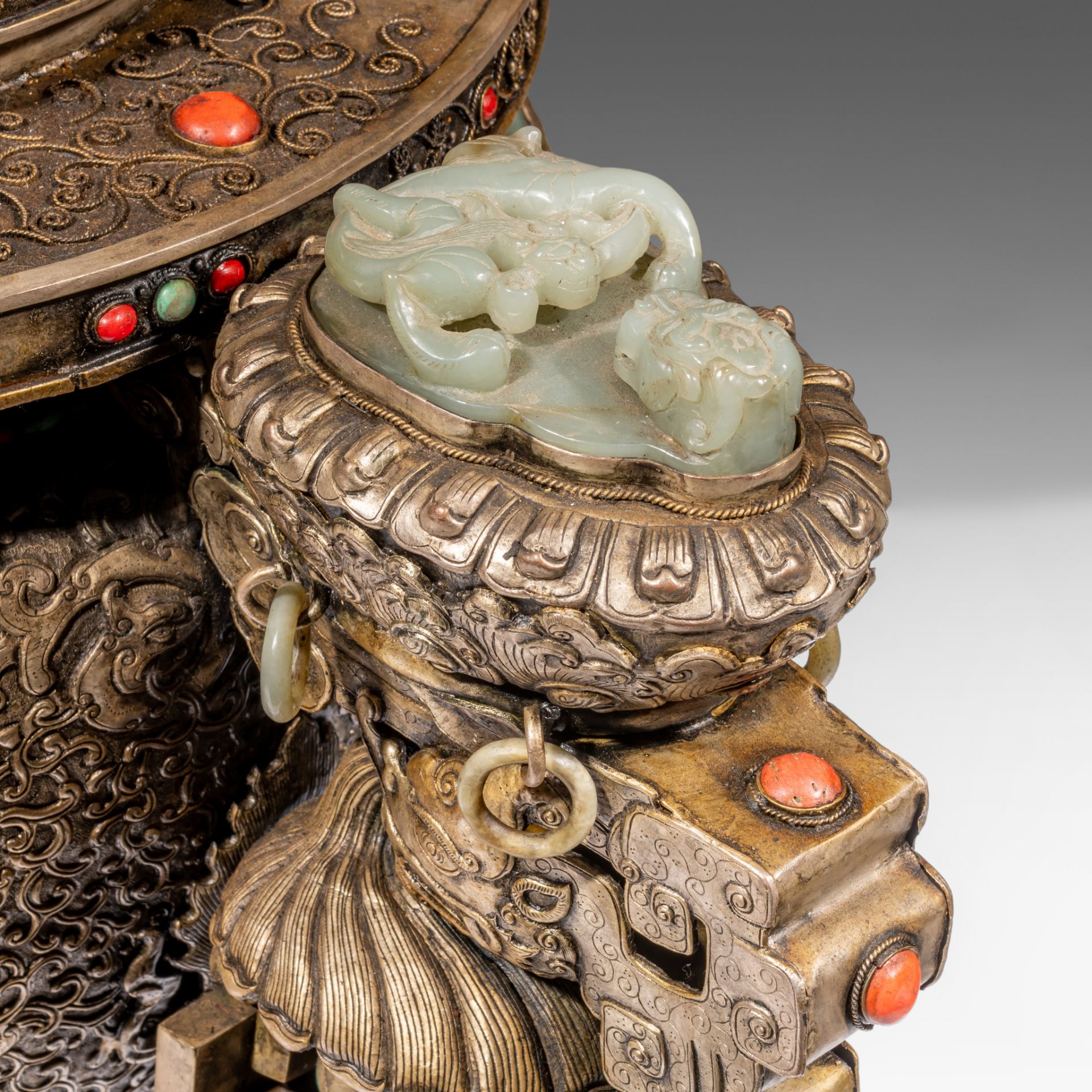 A massive Sino-Tibetan metal censer with jade carvings, coral and turquoise beads inlay, late 19thC, - Image 7 of 13