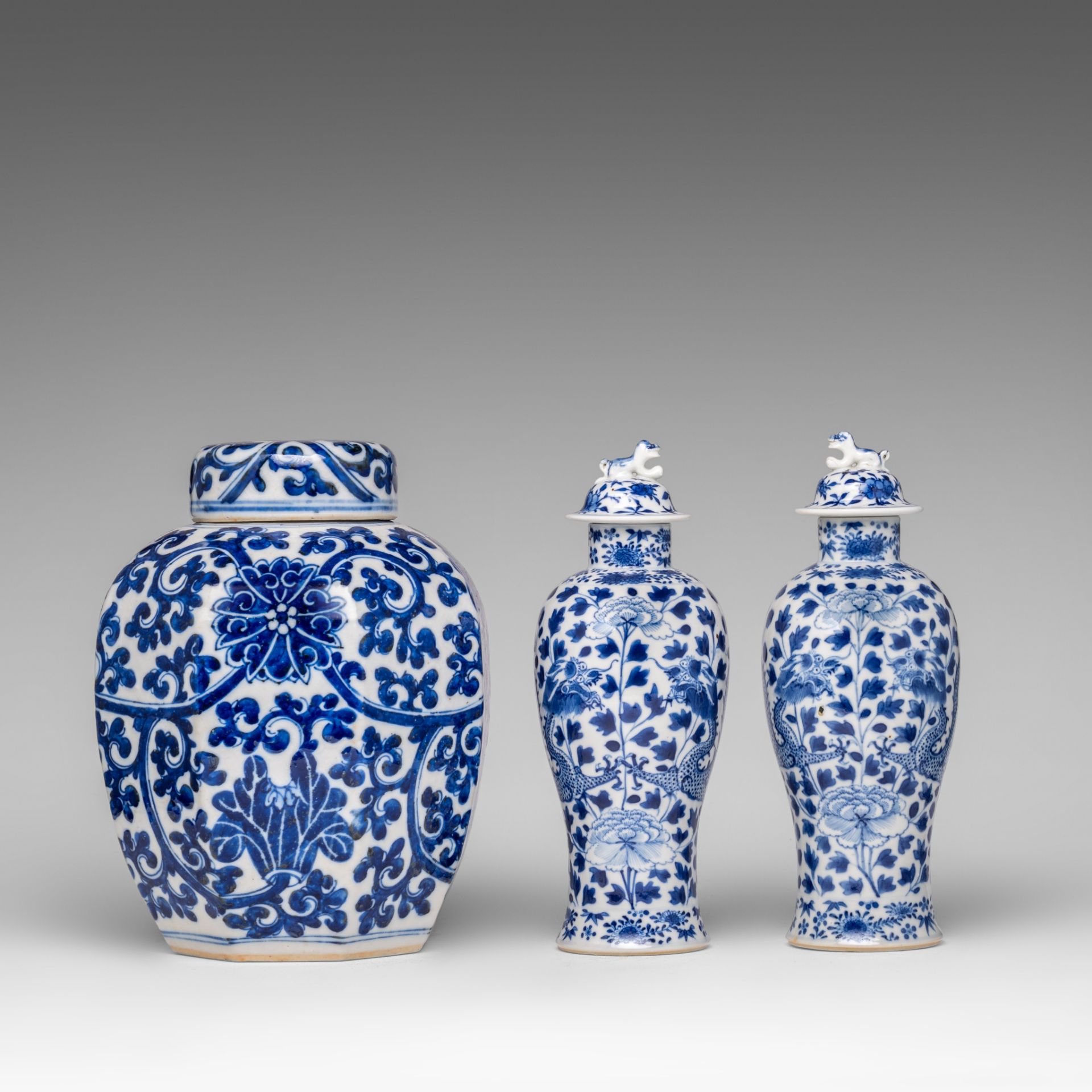 A small collection of Chinese blue and white lidded vases, 19thC, H 27 cm - added six Japanese Arita - Image 8 of 15