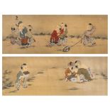 A series of two Chinese paintings, colour on silk, 'Playing boys in a garden', framed, Republic peri