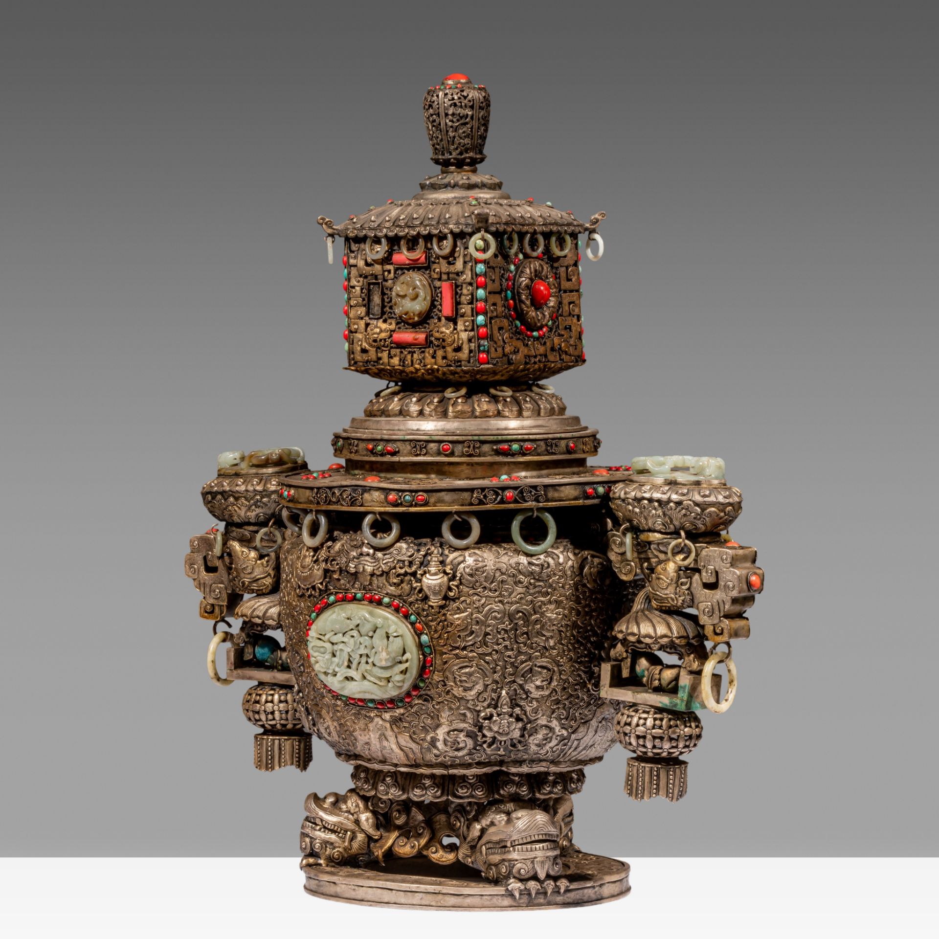 A massive Sino-Tibetan metal censer with jade carvings, coral and turquoise beads inlay, late 19thC, - Image 5 of 13