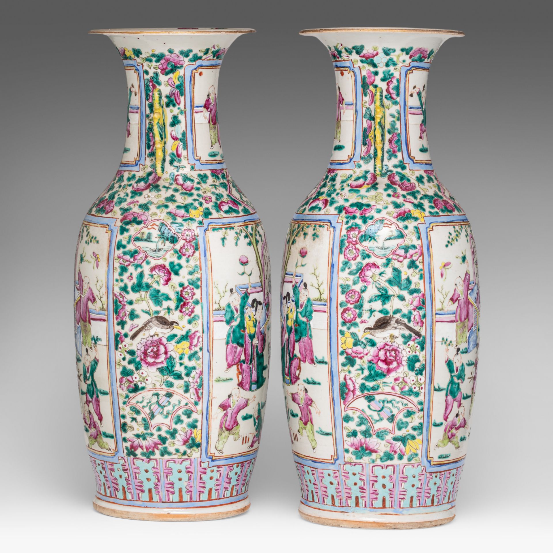 A pair of Chinese famille rose 'Playful boys in a garden' vases, paired with lingzhi handles, 19thC, - Bild 2 aus 6