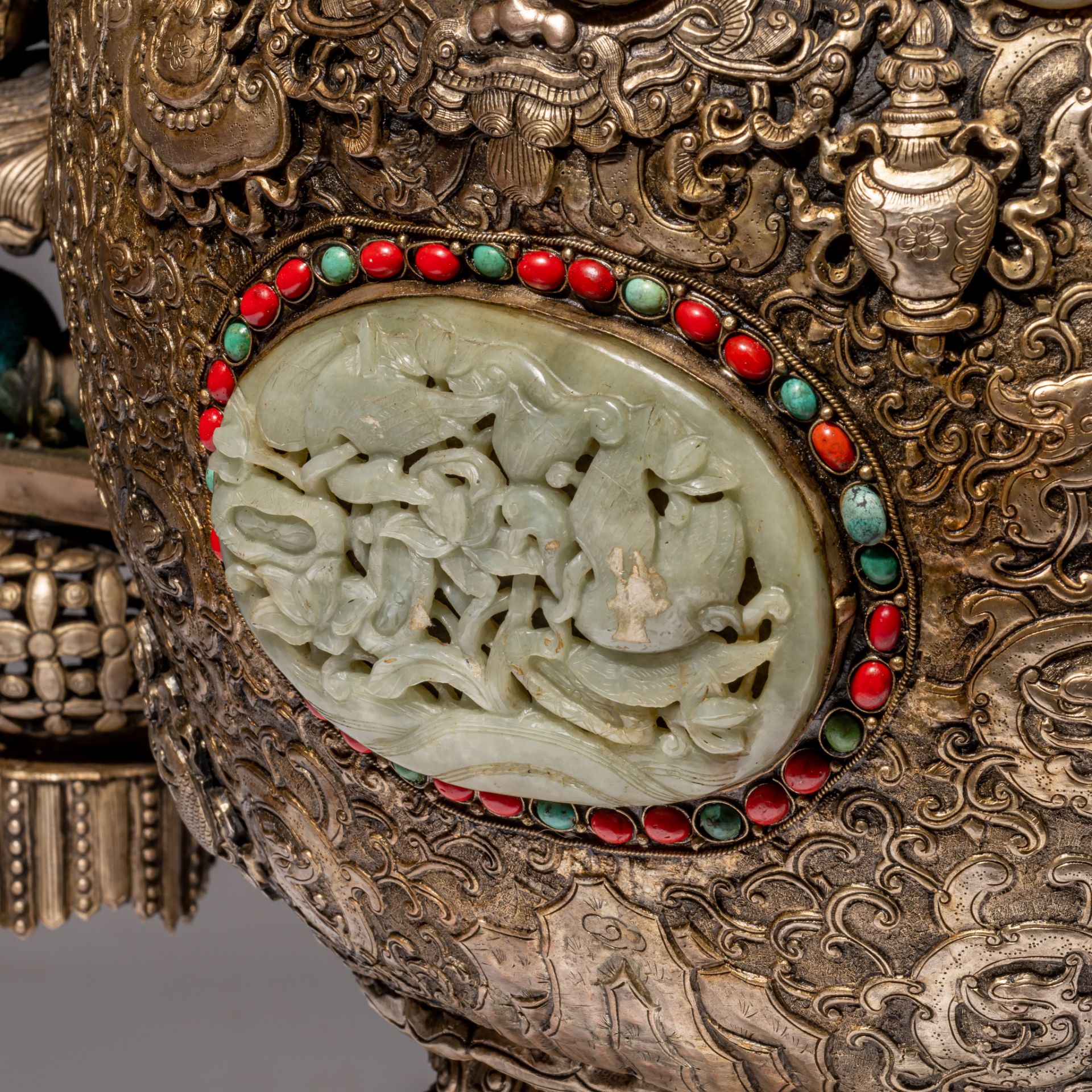 A massive Sino-Tibetan metal censer with jade carvings, coral and turquoise beads inlay, late 19thC, - Image 11 of 13