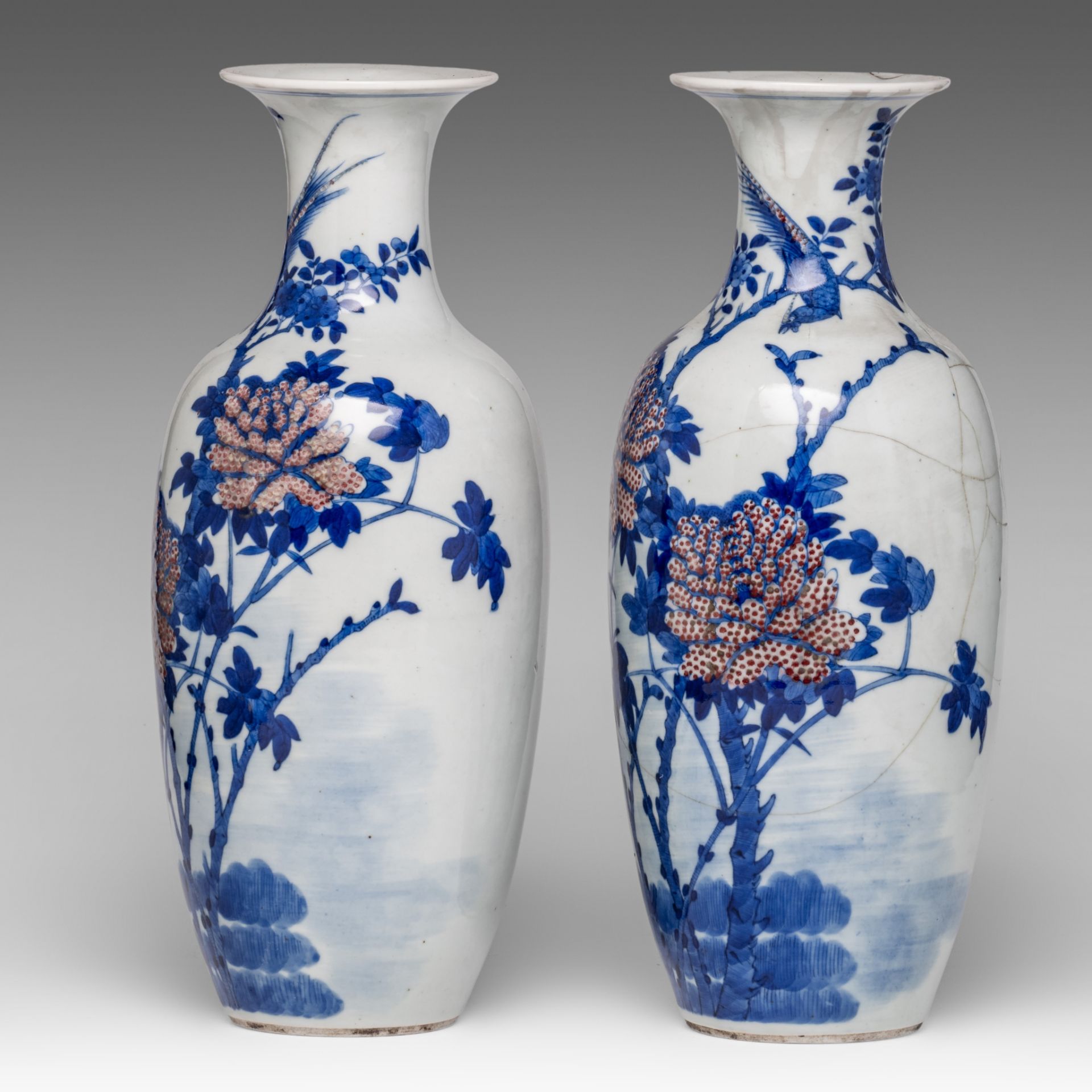 A pair of Chinese blue and white and copper-red 'Pheasant and Peony' vases, with a Kangxi mark, late - Image 2 of 6