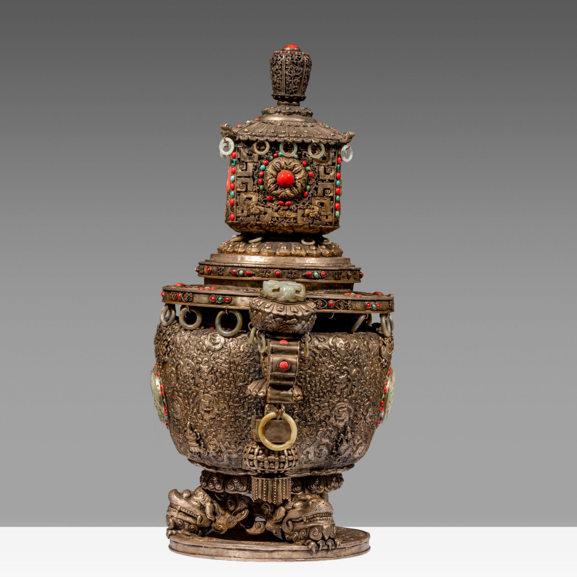 A massive Sino-Tibetan metal censer with jade carvings, coral and turquoise beads inlay, late 19thC, - Image 3 of 13